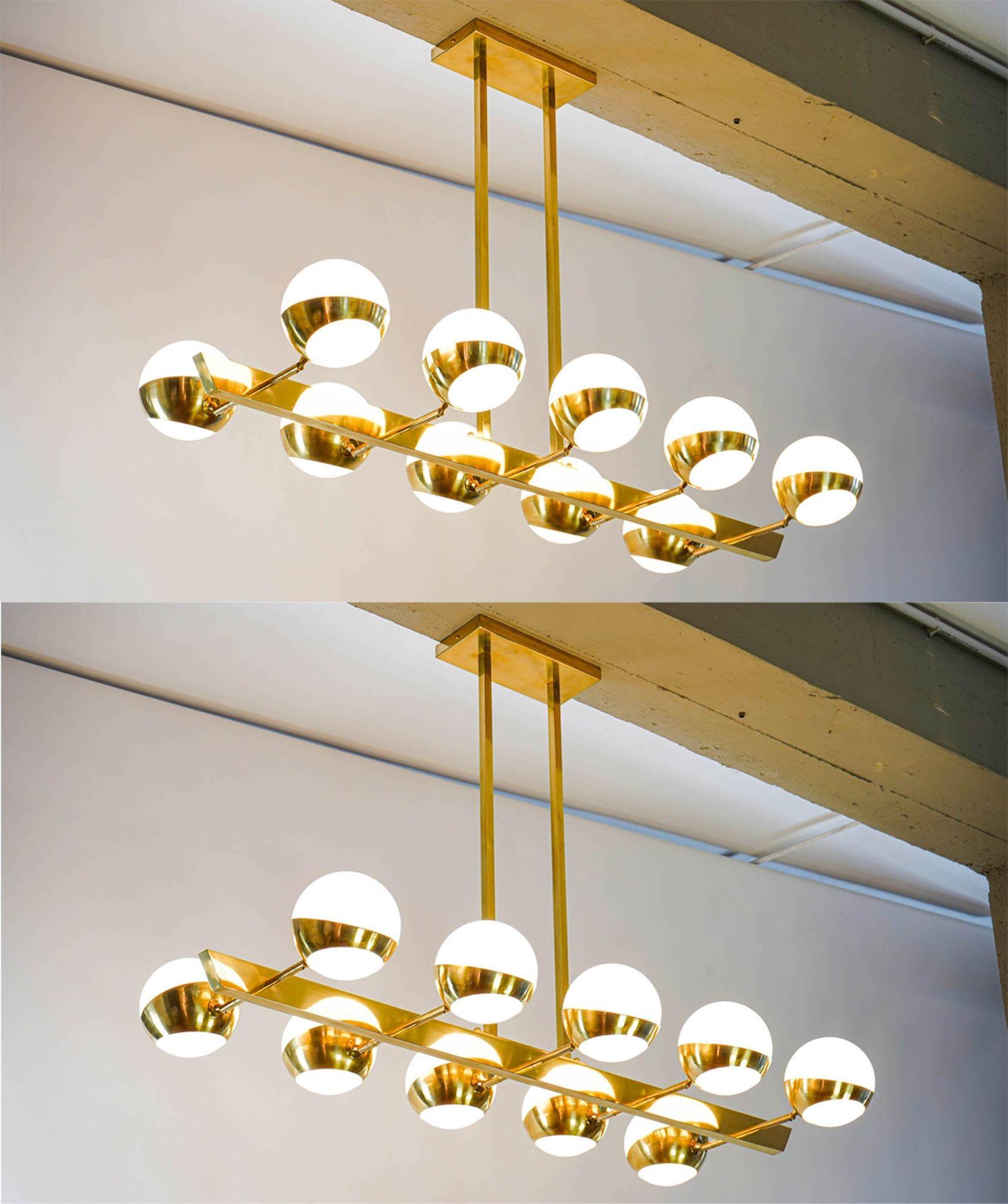 Siderale 10 lights Brass and Lattimo glass Chandelier, Silvio Piattelli Design For Sale 14