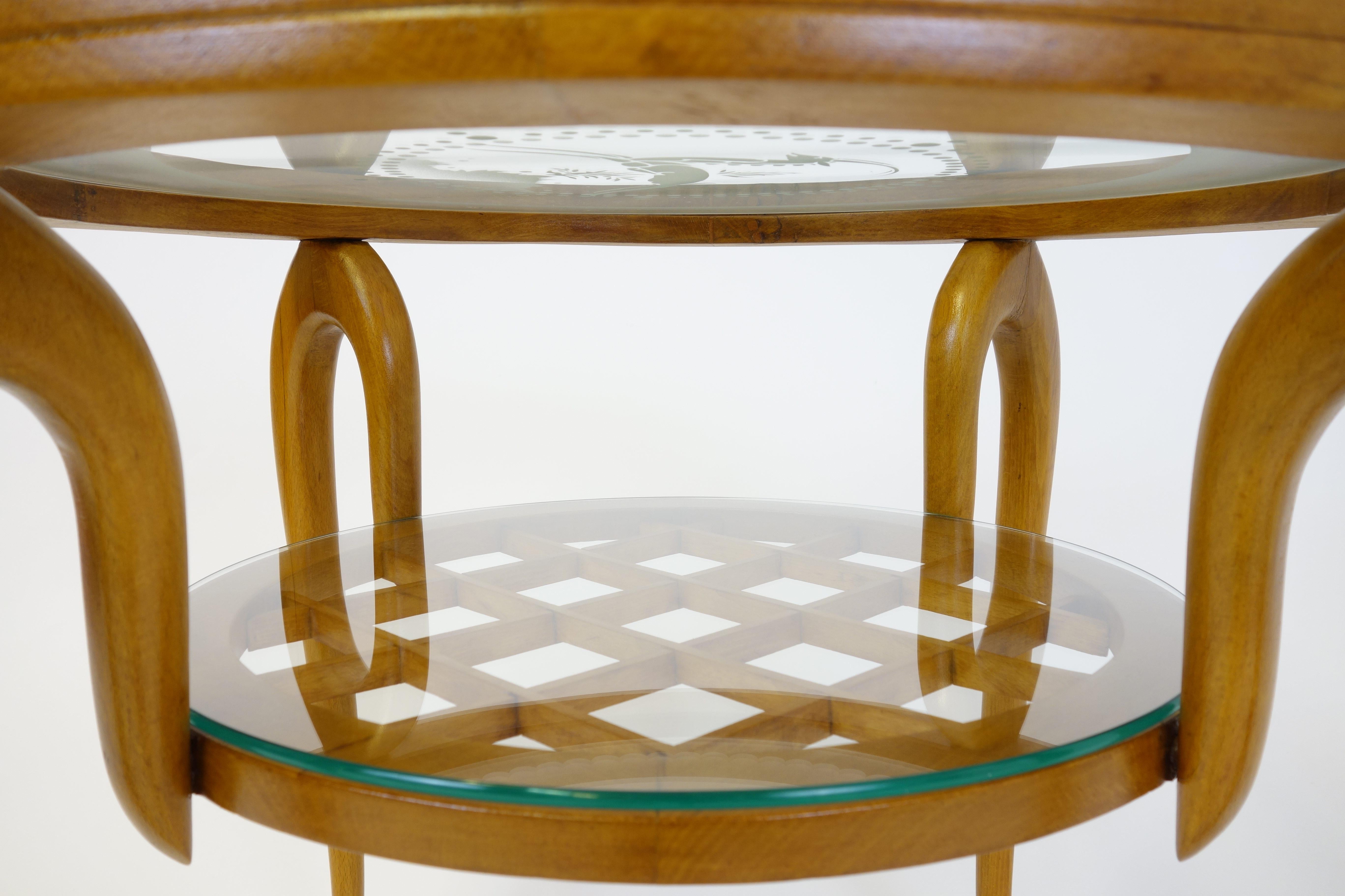 Sidetable in the Manner of Gio Ponti Carved Wood Etched Glass Motive Italy 1940s In Good Condition For Sale In Vienna, AT