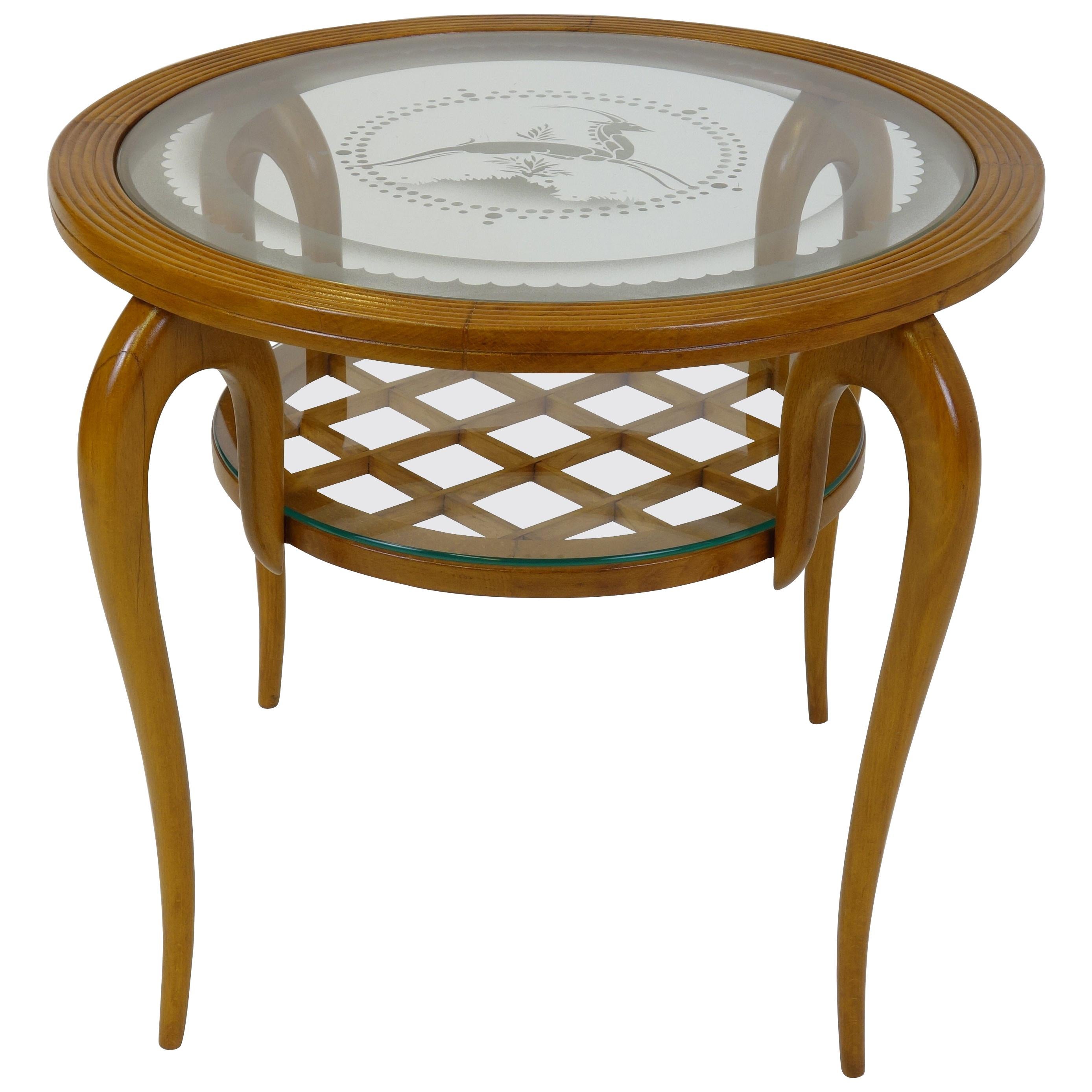 Sidetable in the Manner of Gio Ponti Carved Wood Etched Glass Motive Italy 1940s For Sale