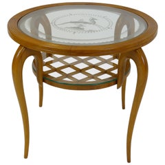 Vintage Sidetable in the Manner of Gio Ponti Carved Wood Etched Glass Motive Italy 1940s