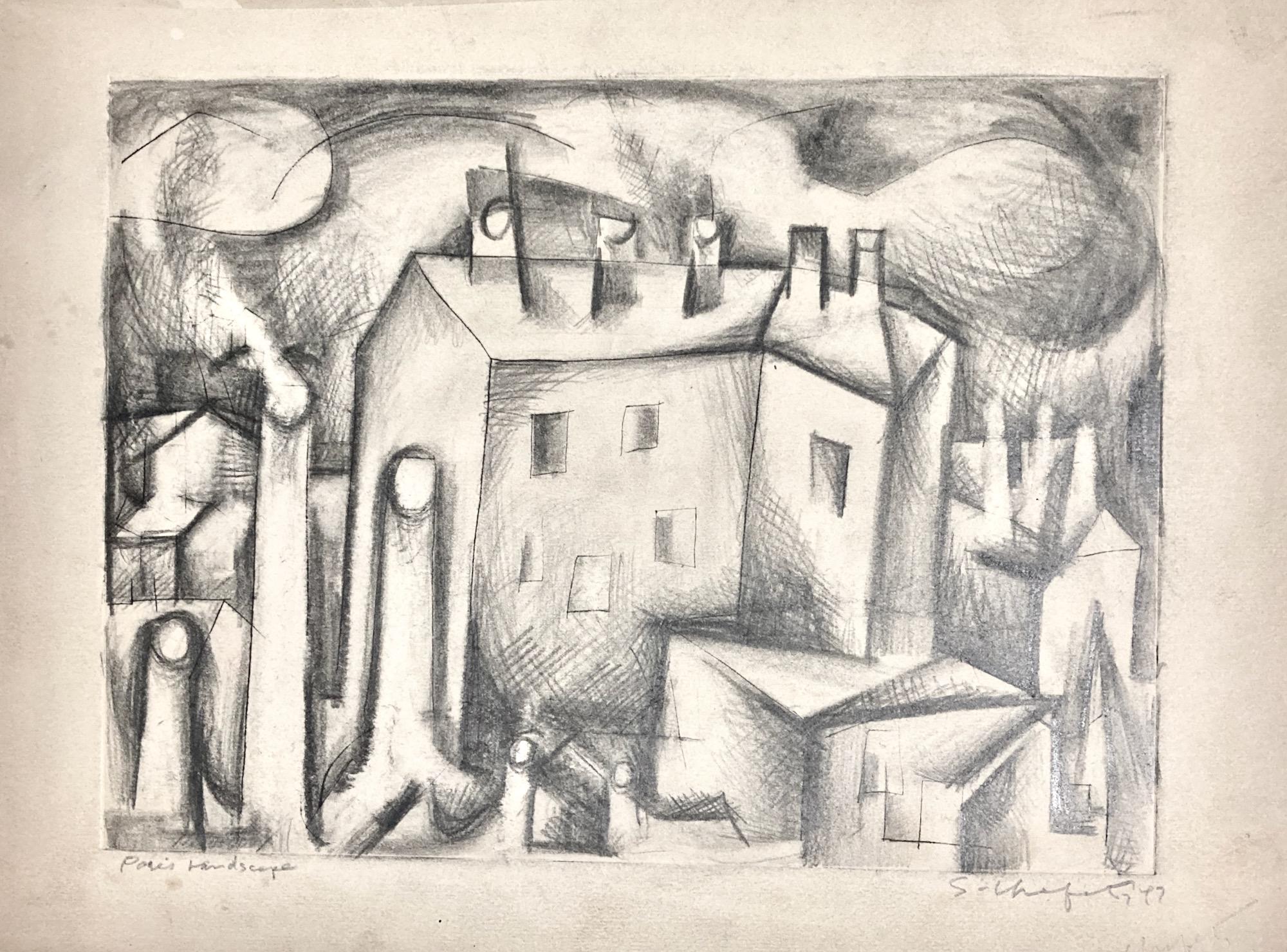 Sidney Chafetz, Pariser Landschaft, 1947, Bleistift über Kupferstich im Angebot 2