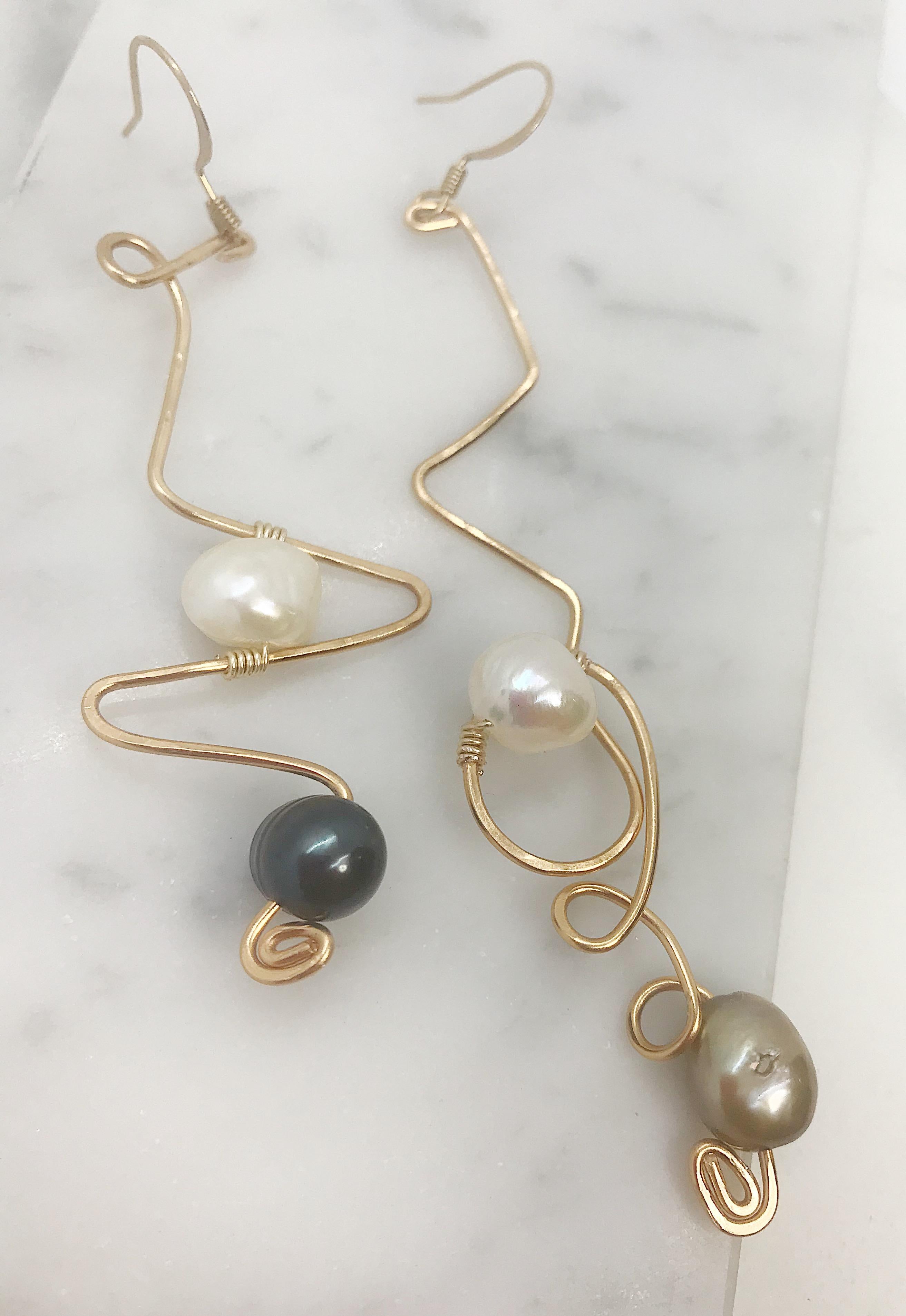 Gold brass with 22k gold fill Texture Earrings with white, chartreuse, and eggplant freshwater pearls. 
