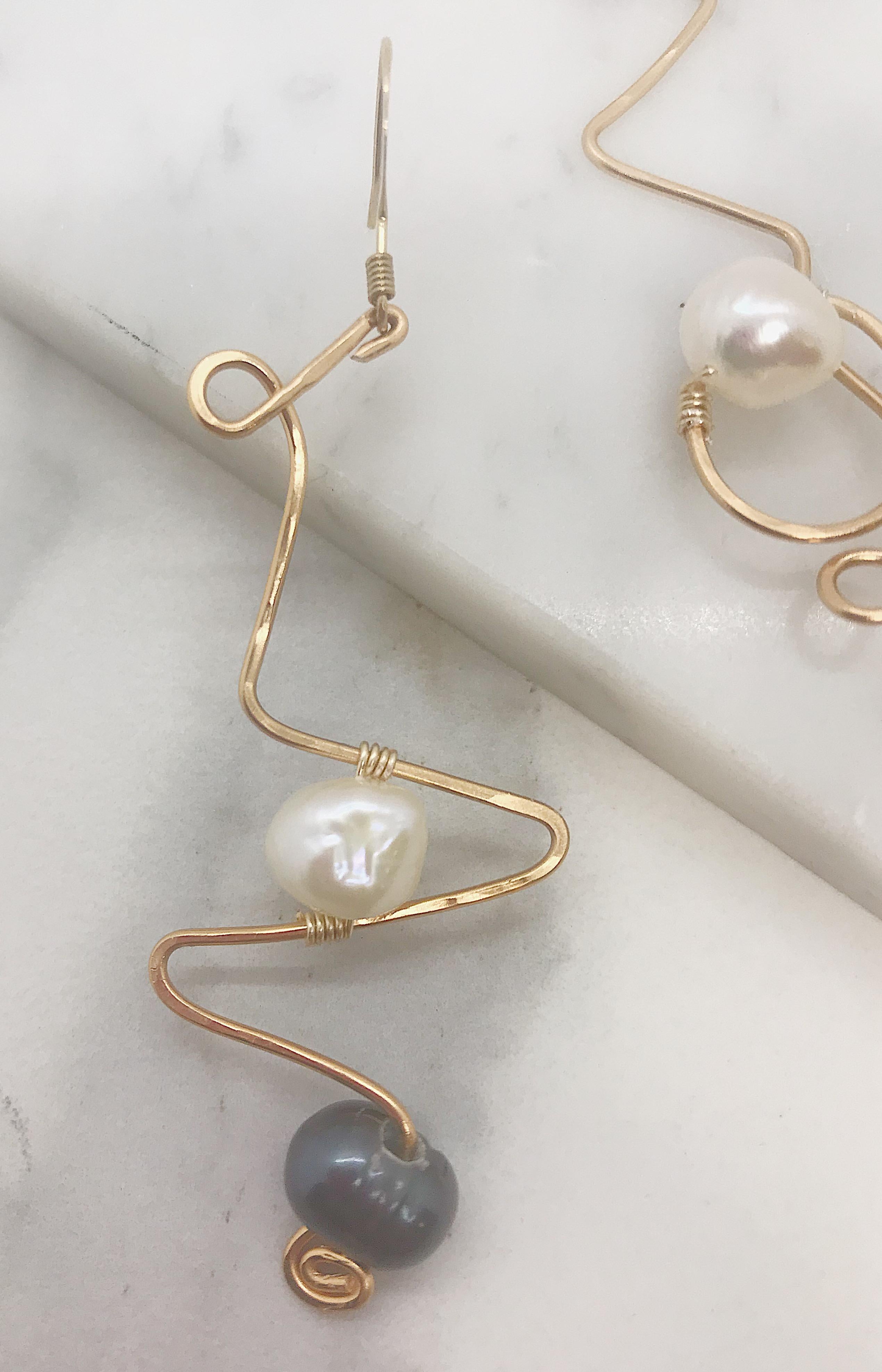 Contemporary Sidney Cherie Studio Texture Gold brass Earrings with Freshwater Pearls For Sale