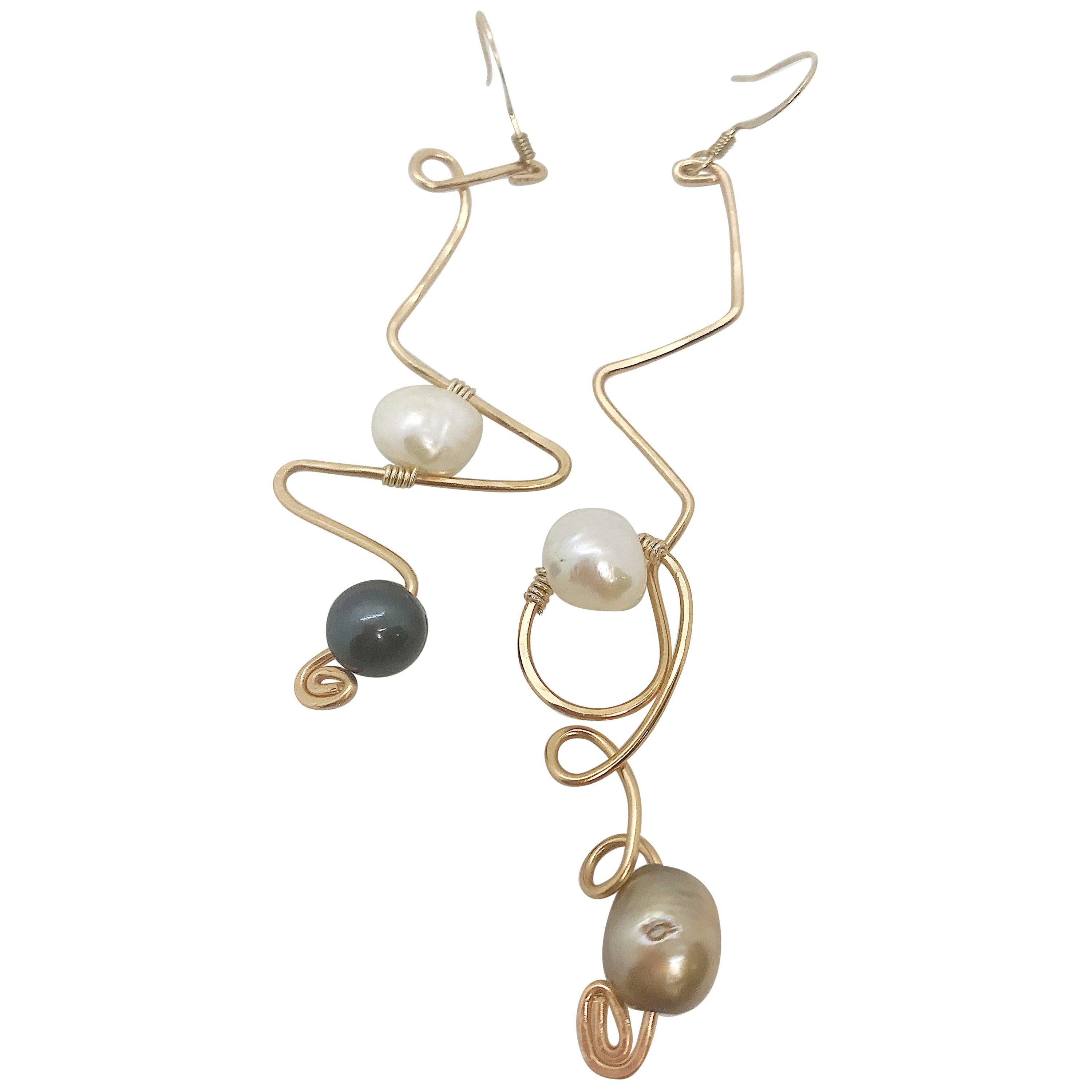 Sidney Cherie Studio Texture Gold brass Earrings with Freshwater Pearls For Sale