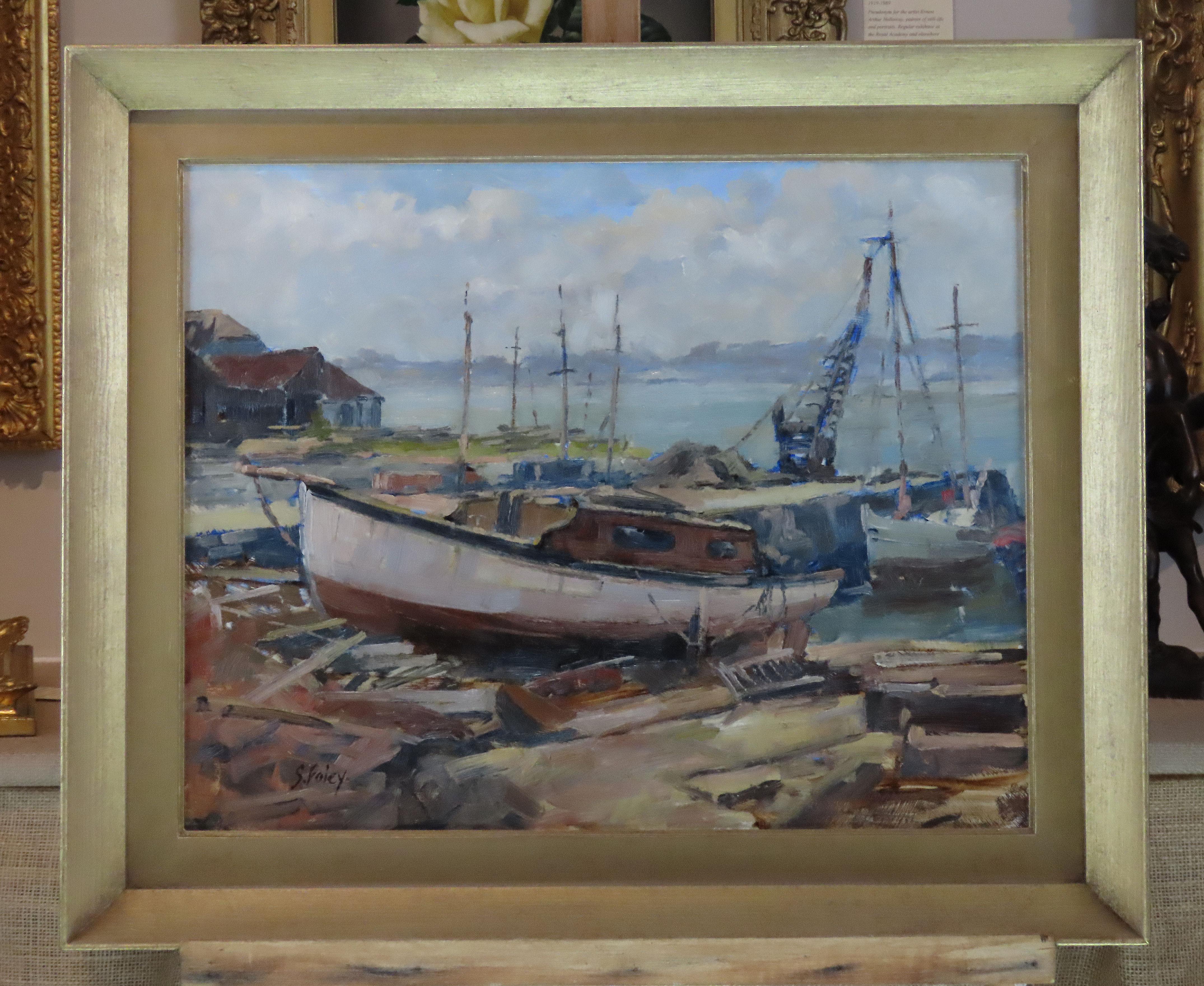 Original Oil on Board, SIDNEY FOLEY,  “Boatyard River Tamar” For Sale 1