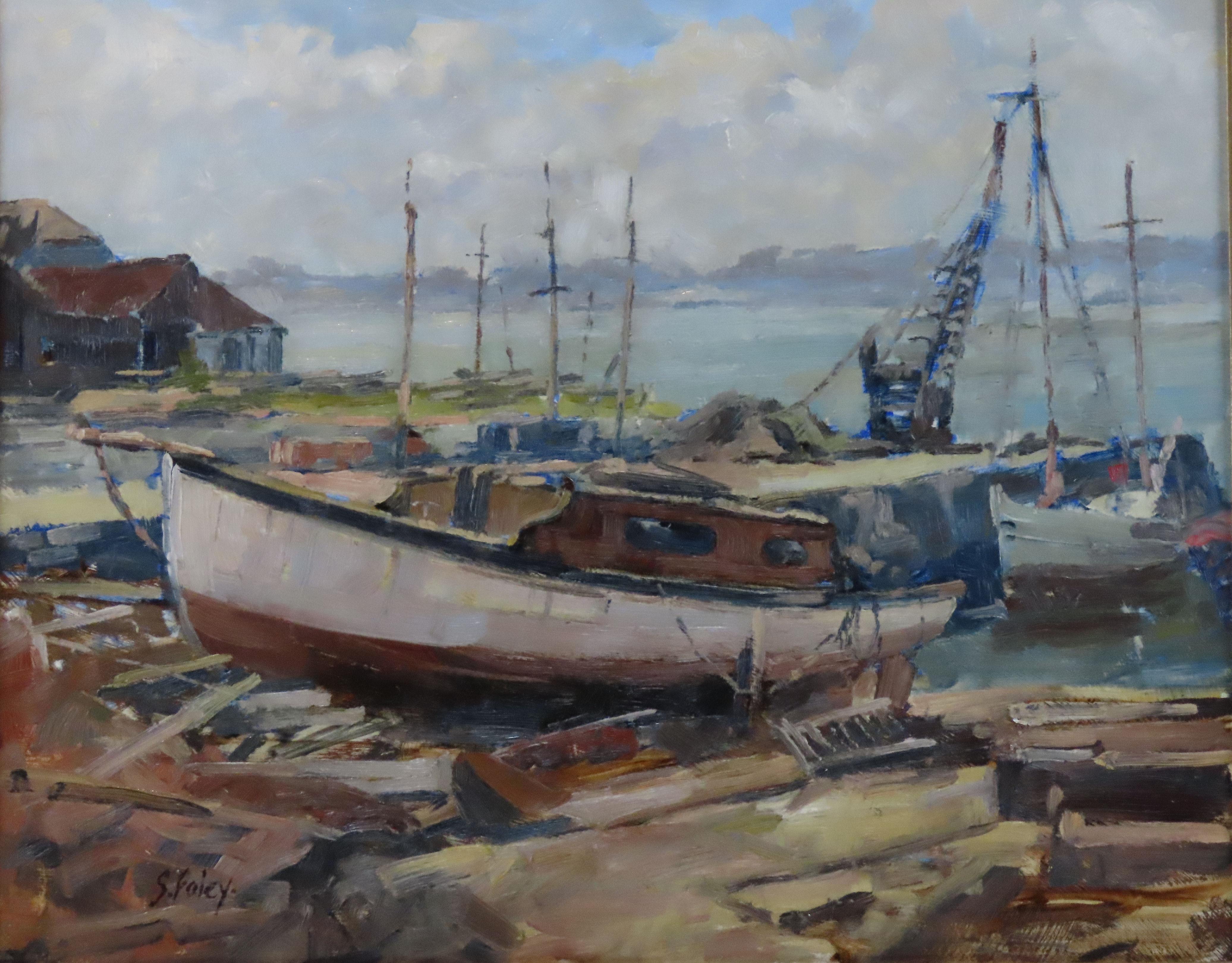 Original Oil on Board, SIDNEY FOLEY,  “Boatyard River Tamar” For Sale 2