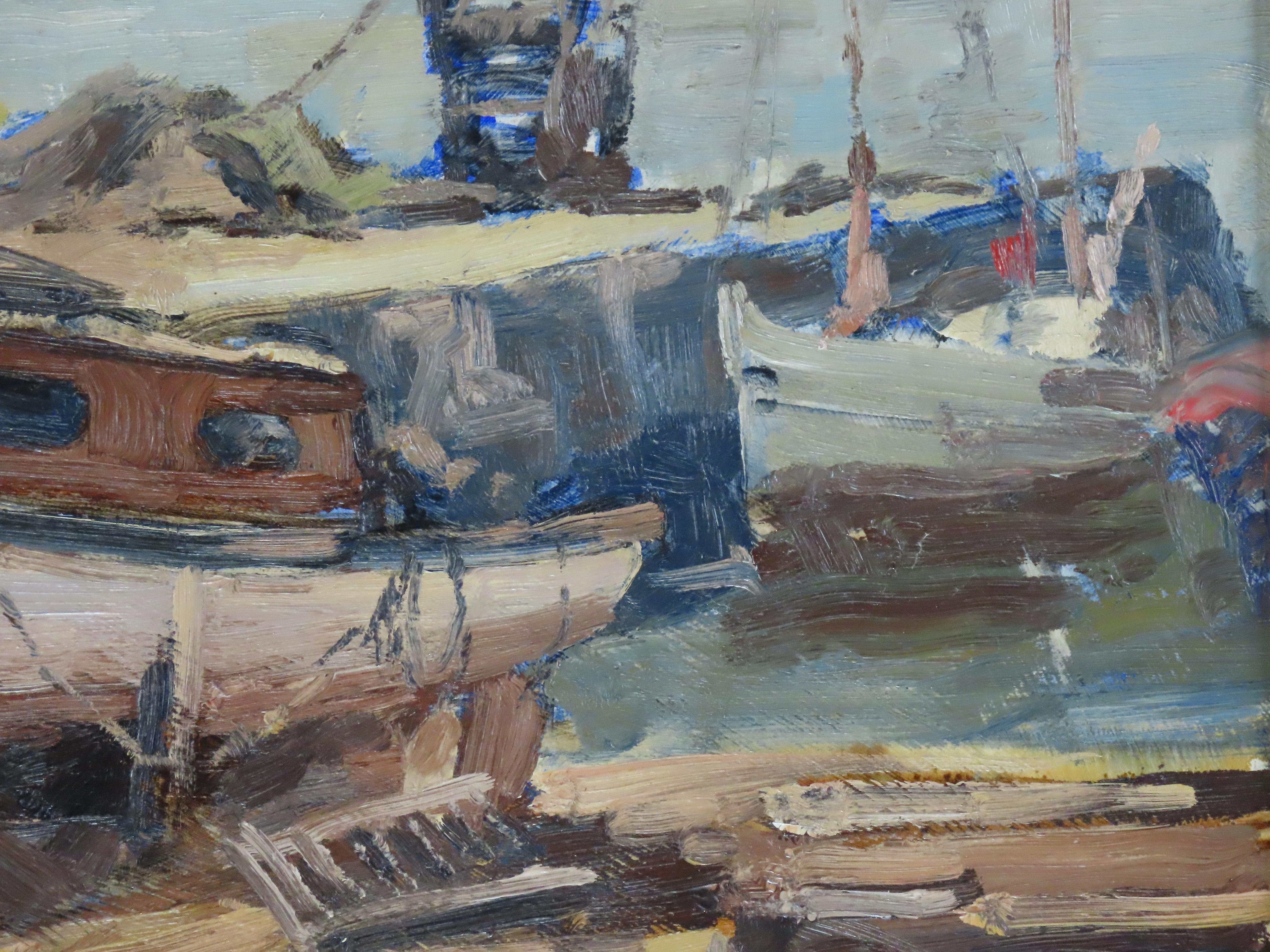 Original Oil on Board, SIDNEY FOLEY,  “Boatyard River Tamar” For Sale 4