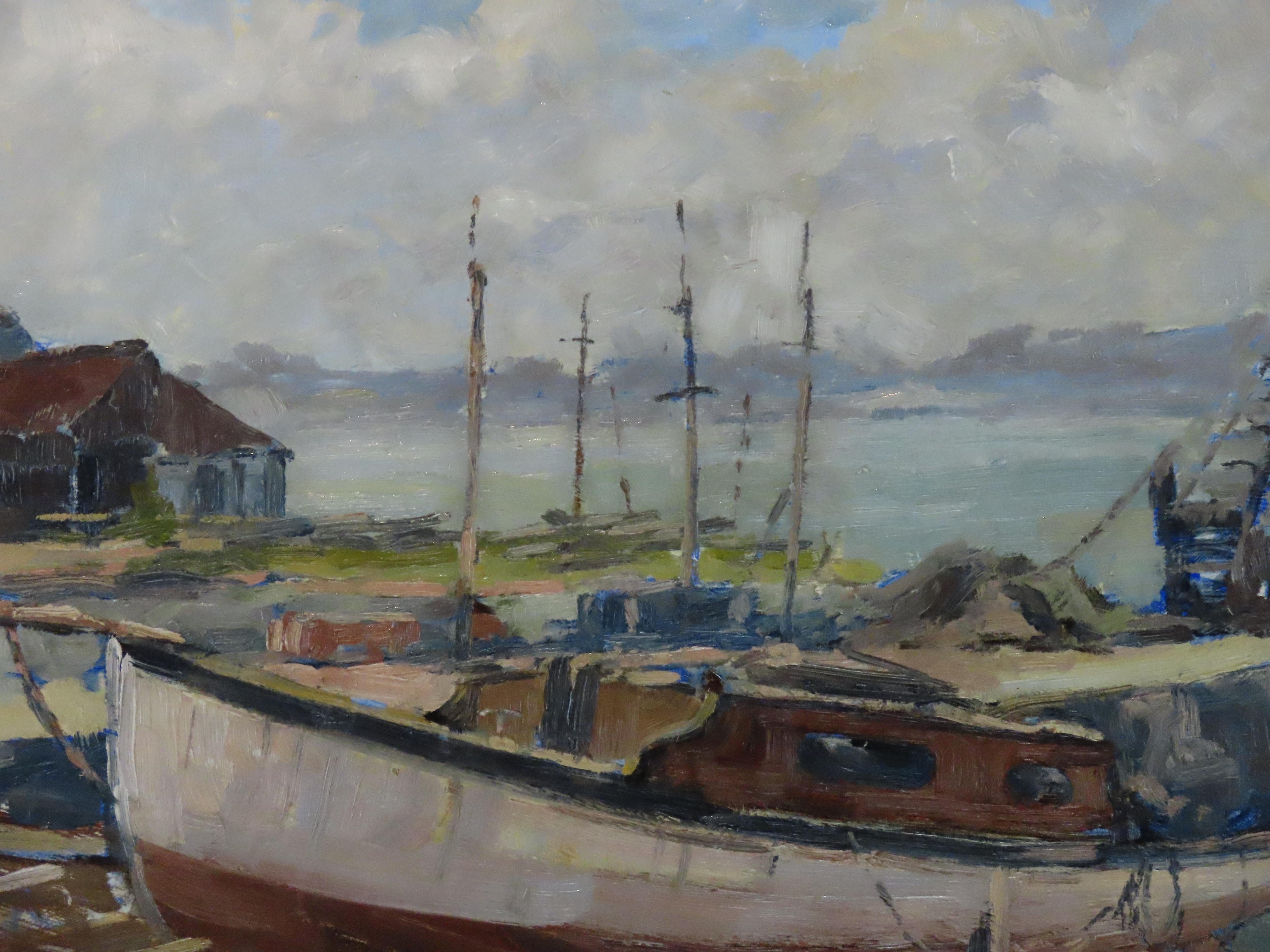 Original Ölgemälde auf Karton, SIDNEY FOLEY,  Bootswerft Fluss Tamar im Angebot 5