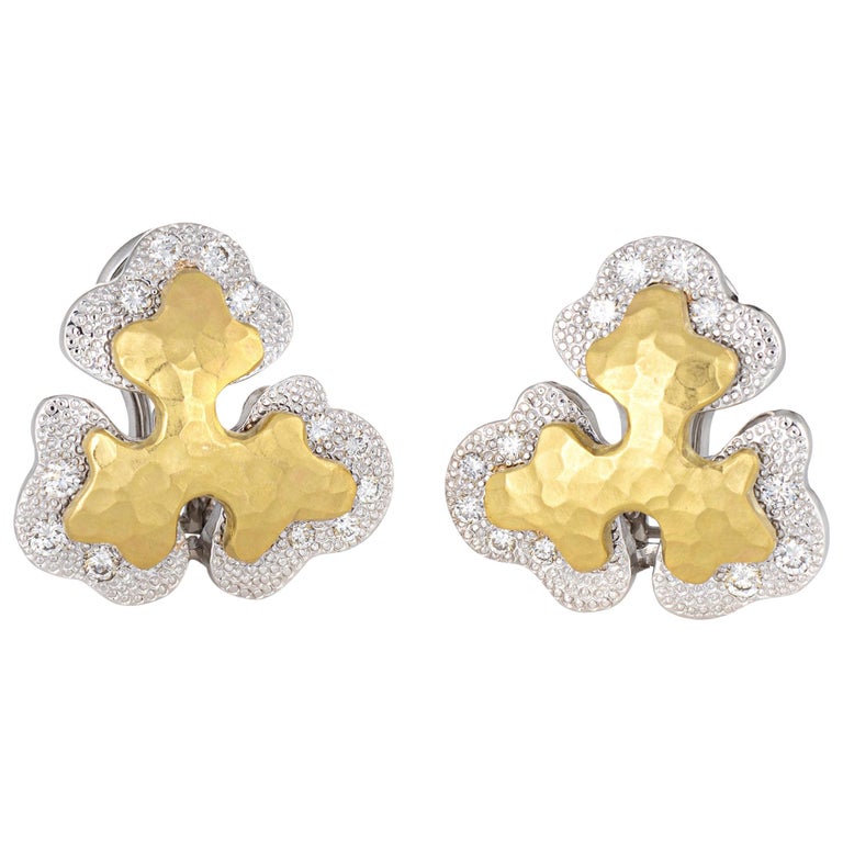 Sidney Garber Diamond Earrings 18k Two-Tone Gold Organic Clip-On Signed  Jewelry For Sale at 1stDibs
