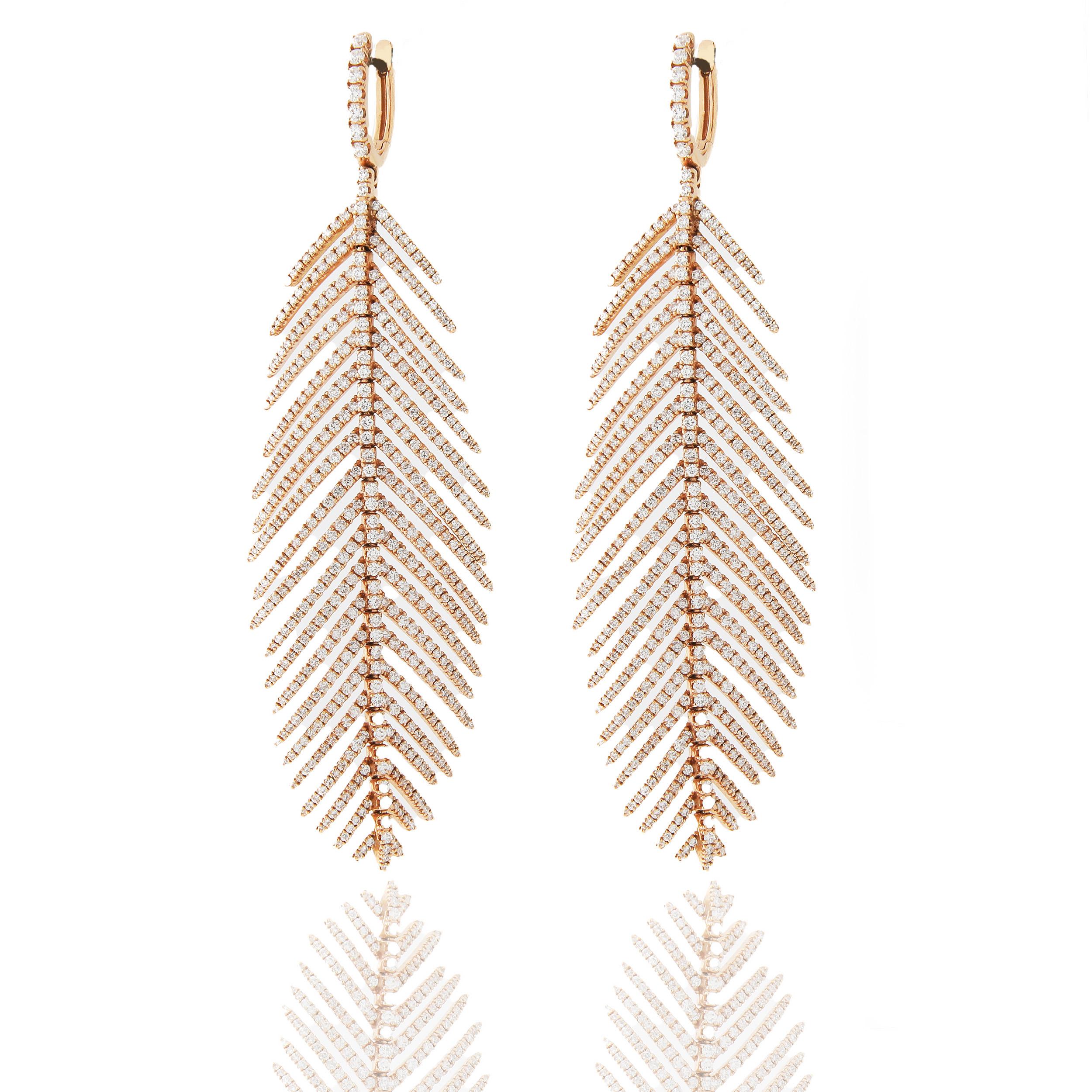Sidney Garber 18k Rose Gold baumelnden flexiblen Diamant-Feder-Ohrringe. Post und Leaver zurück Verschluss. 4,94 cttw.

Einzelhandel: $38.000
Designer: Sidney Garber 
Gewicht: 26.5 Gramm 
Länge: 3 1/4''
Breite: ca. 1''
Hauptstein: Diamant 
Gewicht