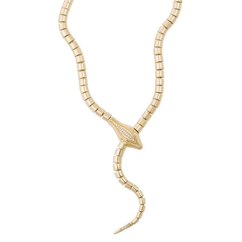 Sidney Garber wrap-around snake necklace, crafted in 18 karat yellow gold.
Stunning snake lariat wrap necklace from Sidney Garber featuring flexible links and diamonds set in 18k yellow gold.
Pave set diamonds on the head and tail total an estimated