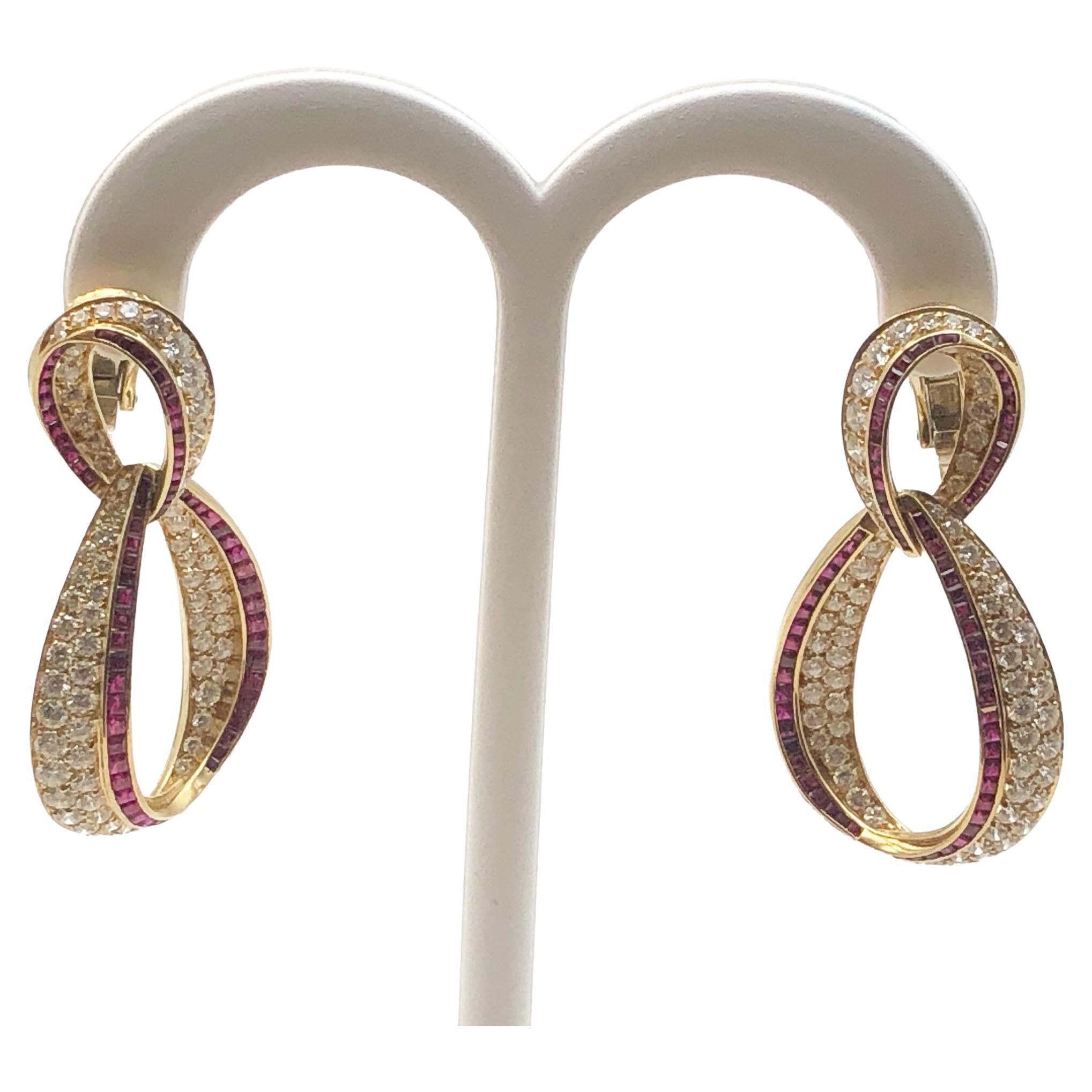 Sidney Garber Yellow Gold, Diamond and Ruby Large Inside Out Dangle Hoop Earring For Sale