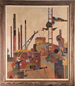 Grande peinture à l'huile américaine d'un paysage urbain industriel moderniste encadrée et signée, exposée