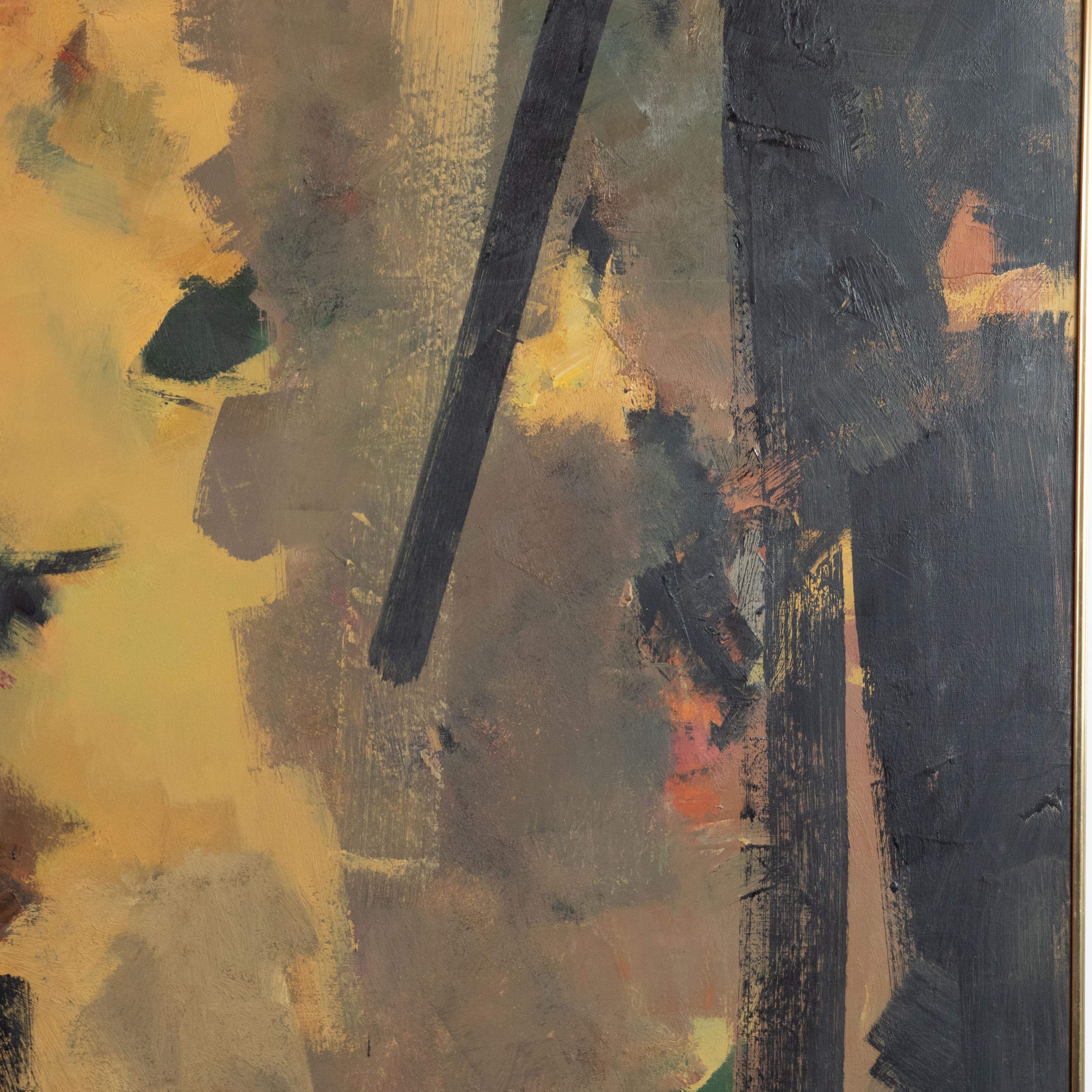 This dynamic and visually compelling abstract expressionist work was painted by the esteemed 20th century artist, Sidney Gross, in 1959. The composition offers a bramble of slashes in black paint- evoking the action paintings of Franz Kline- against