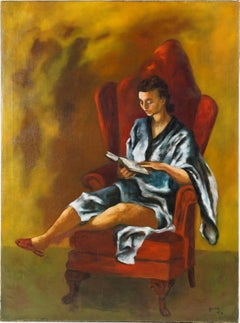 Grand portrait à l'huile vintage signé d'une scène d'intérieur moderniste américaine