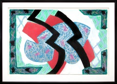 Faulkner in Fresno, 1980s Abstract Oil and Pastel Painting, Pink Black Green