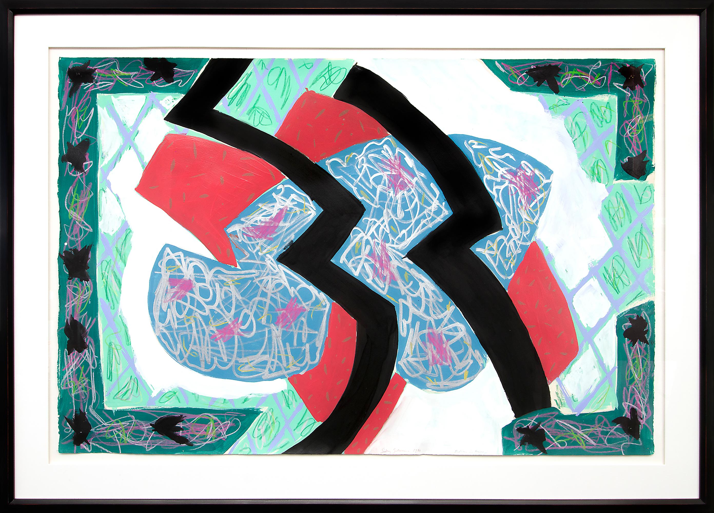 Abstraktes Öl- und Pastellgemälde „Faulkner in Fresno“, Rosa, Schwarz, Grün, 1980er Jahre – Mixed Media Art von Sidney Guberman