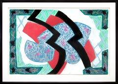 "Faulkner in Fresno" Peinture abstraite à l'huile et au pastel des années 1980, rose, noir, vert