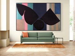 Grande peinture à l'huile abstraite des années 1980 "Somethin' Stupid" - Rose, Noir, Tan, encadrée