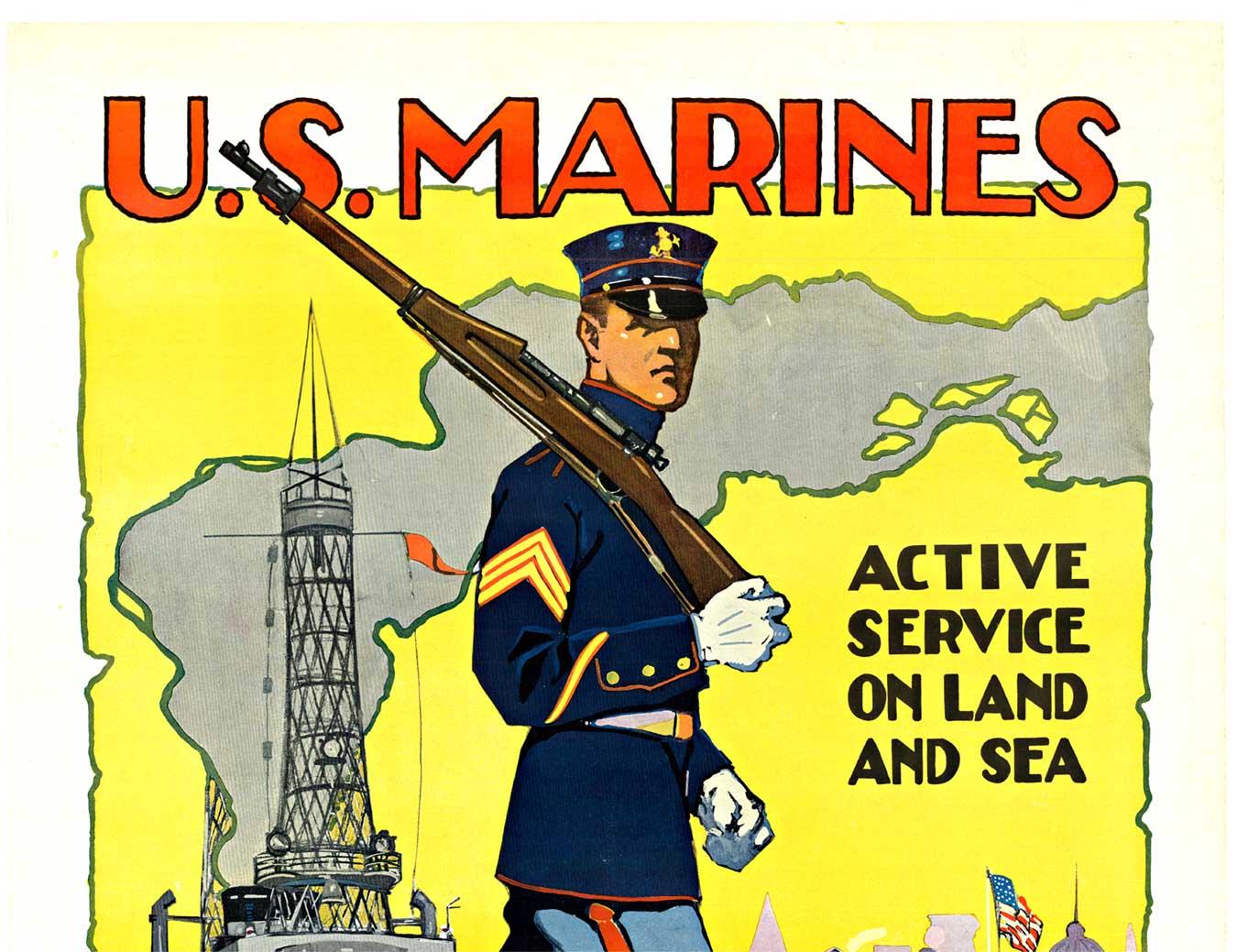Affiche de recrutement originale des Marines américains de la première guerre mondiale, dos en lin - Print de Sidney Harry Riesenberg