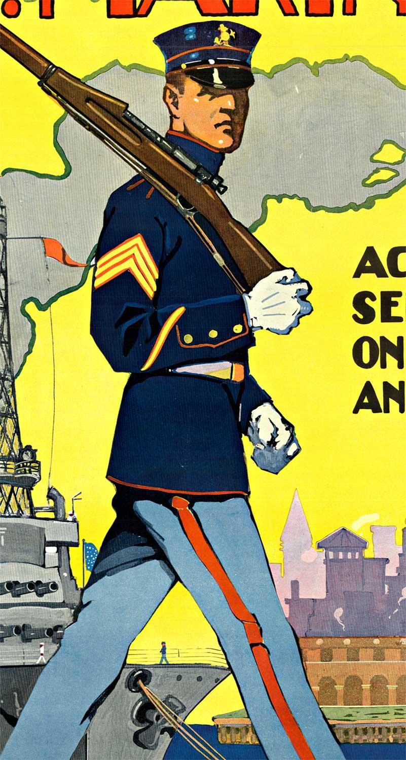 Affiche de recrutement originale des Marines américains de la première guerre mondiale, dos en lin - Jaune Landscape Print par Sidney Harry Riesenberg