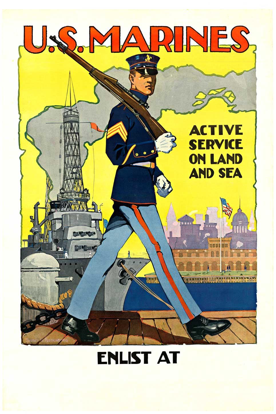 Landscape Print Sidney Harry Riesenberg - Affiche de recrutement originale des Marines américains de la première guerre mondiale, dos en lin