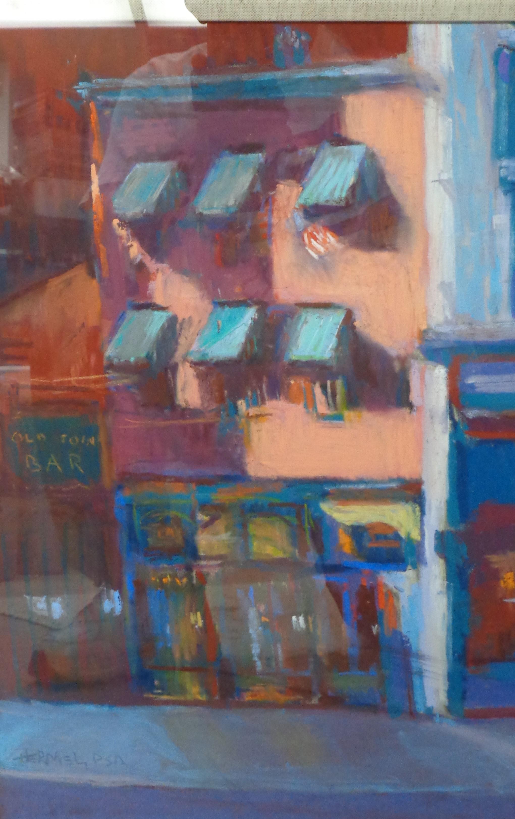 Impressionistic Cityscape Pastel Painting by Sydney Hermel Salmagundi Label - Brown Landscape Painting by Sidney Hermel
