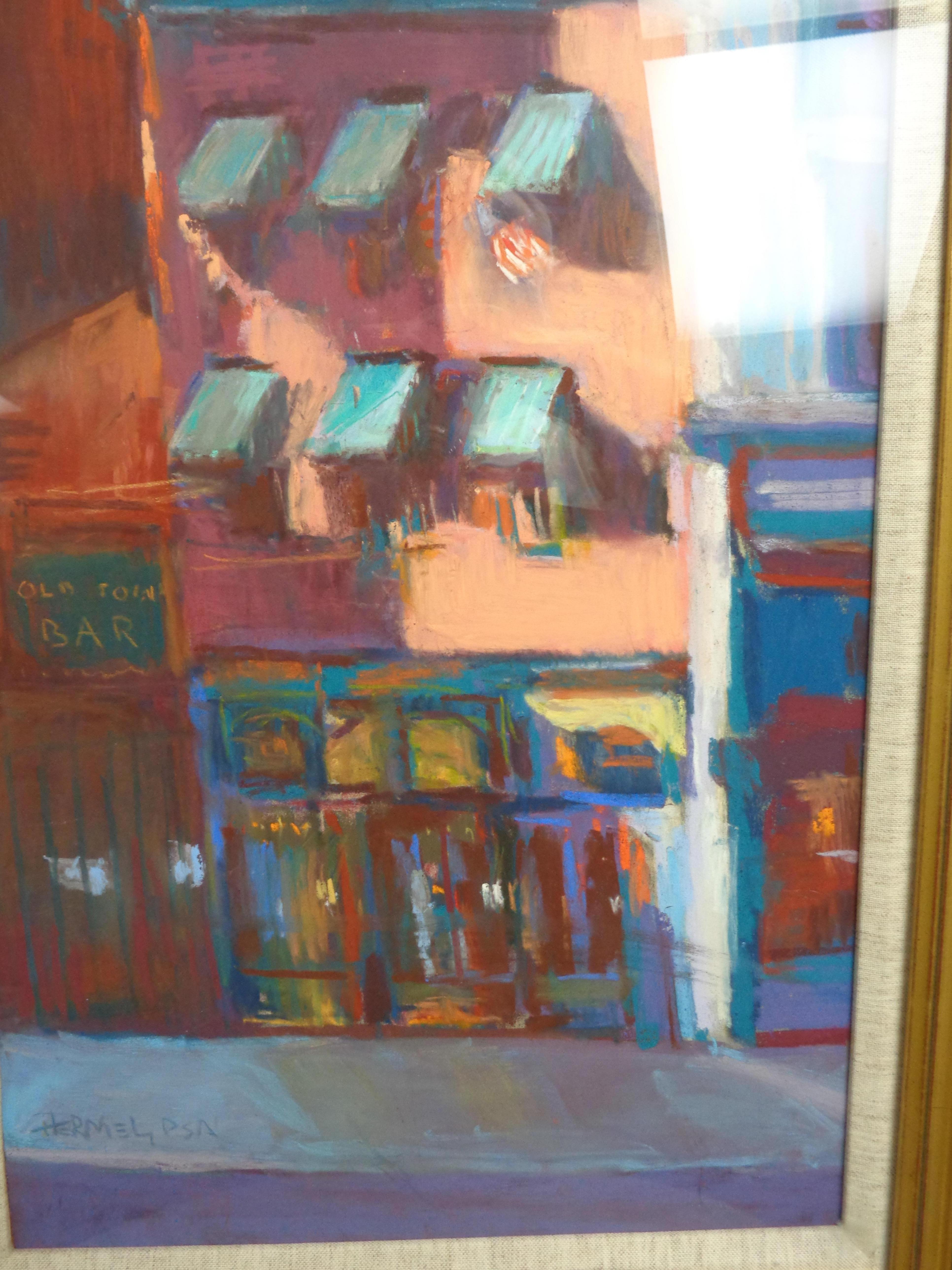 Impressionistic Cityscape Pastel Painting by Sydney Hermel Salmagundi Label For Sale 1