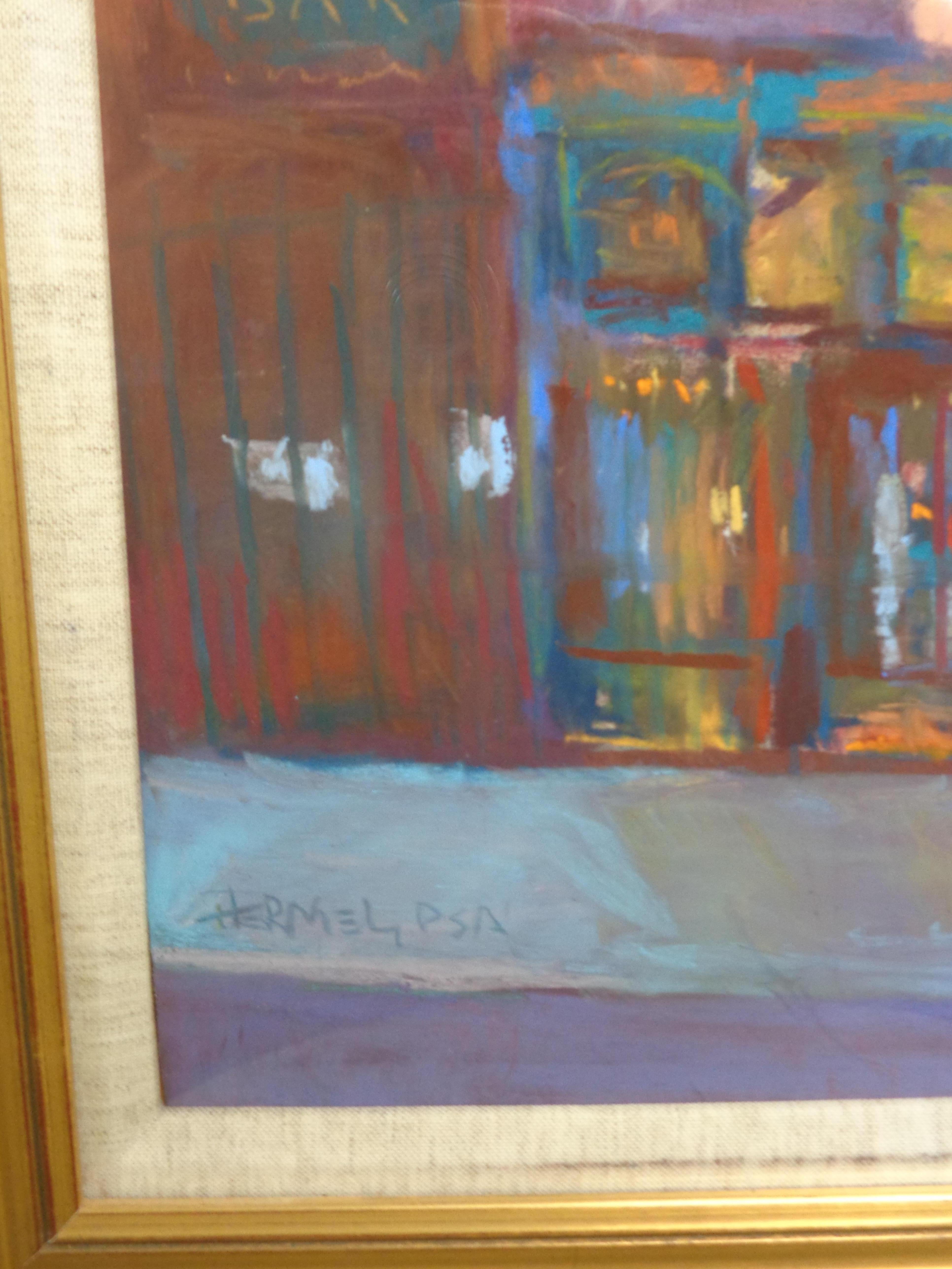 Impressionistic Cityscape Pastel Painting by Sydney Hermel Salmagundi Label For Sale 1