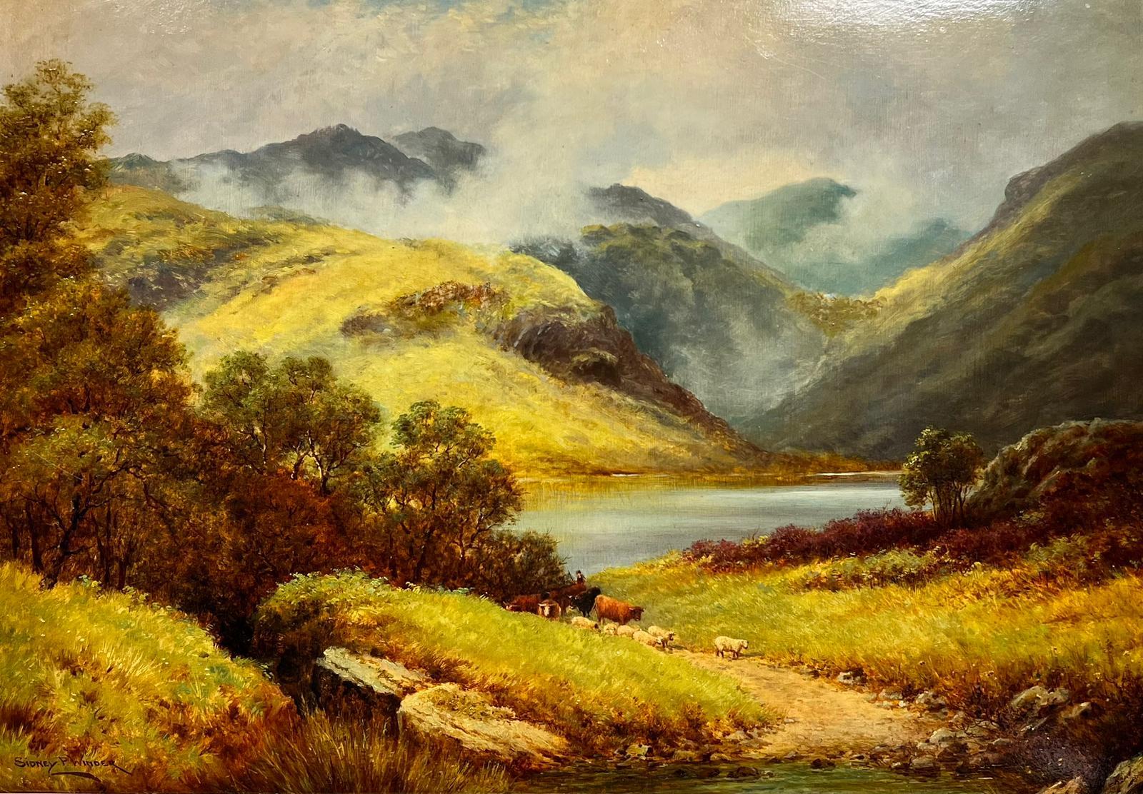 Sidney. P. Winder Landscape Painting - Huge Antique Scottish Highlands Misty Loch Landscape Summer Landscape