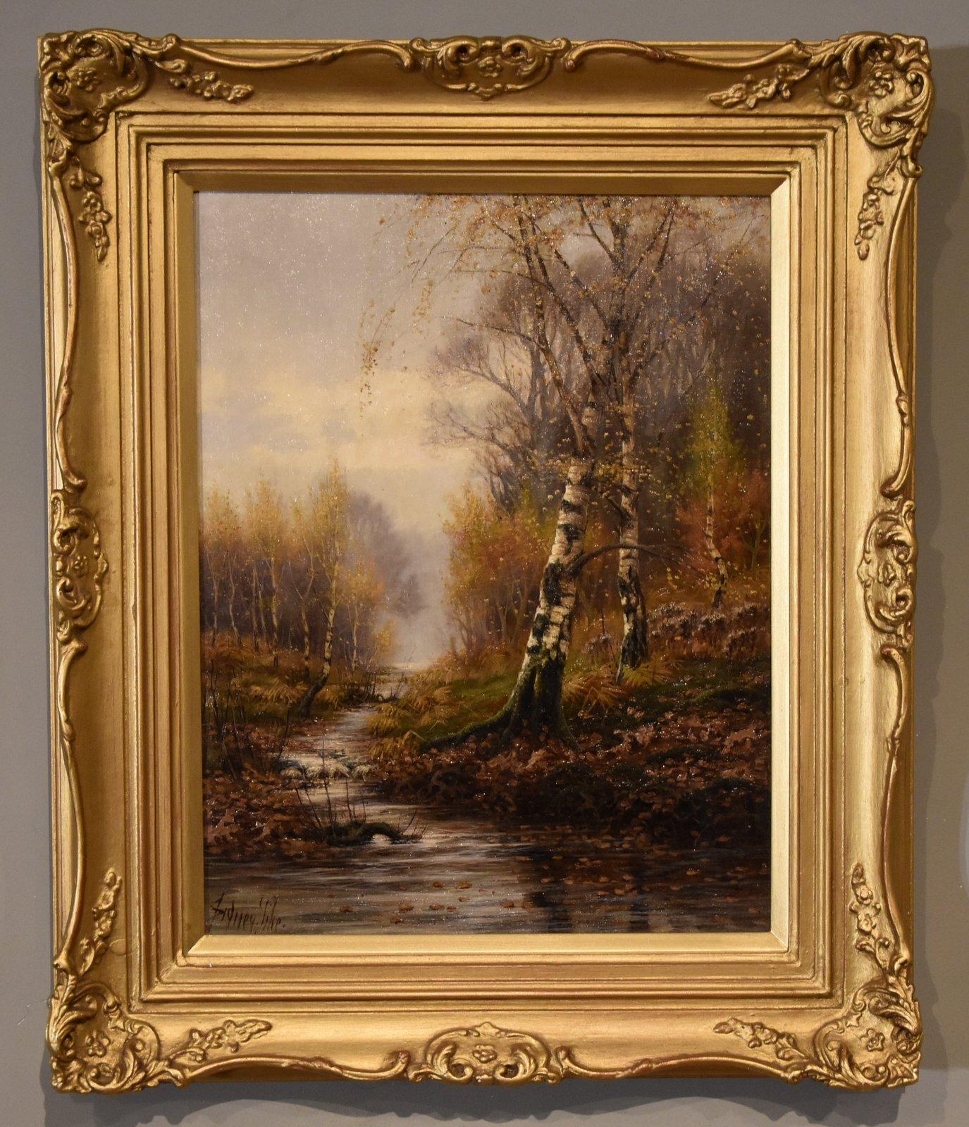 Oil Painting by Sidney Pike "A Woodland Stream" 1858 - 1923 London landscape painter and one of the first Christmas card illustrators. Settled in Hastings, represented in many museums. Oil on canvas, signed.

Dimensions unframed 18 x
