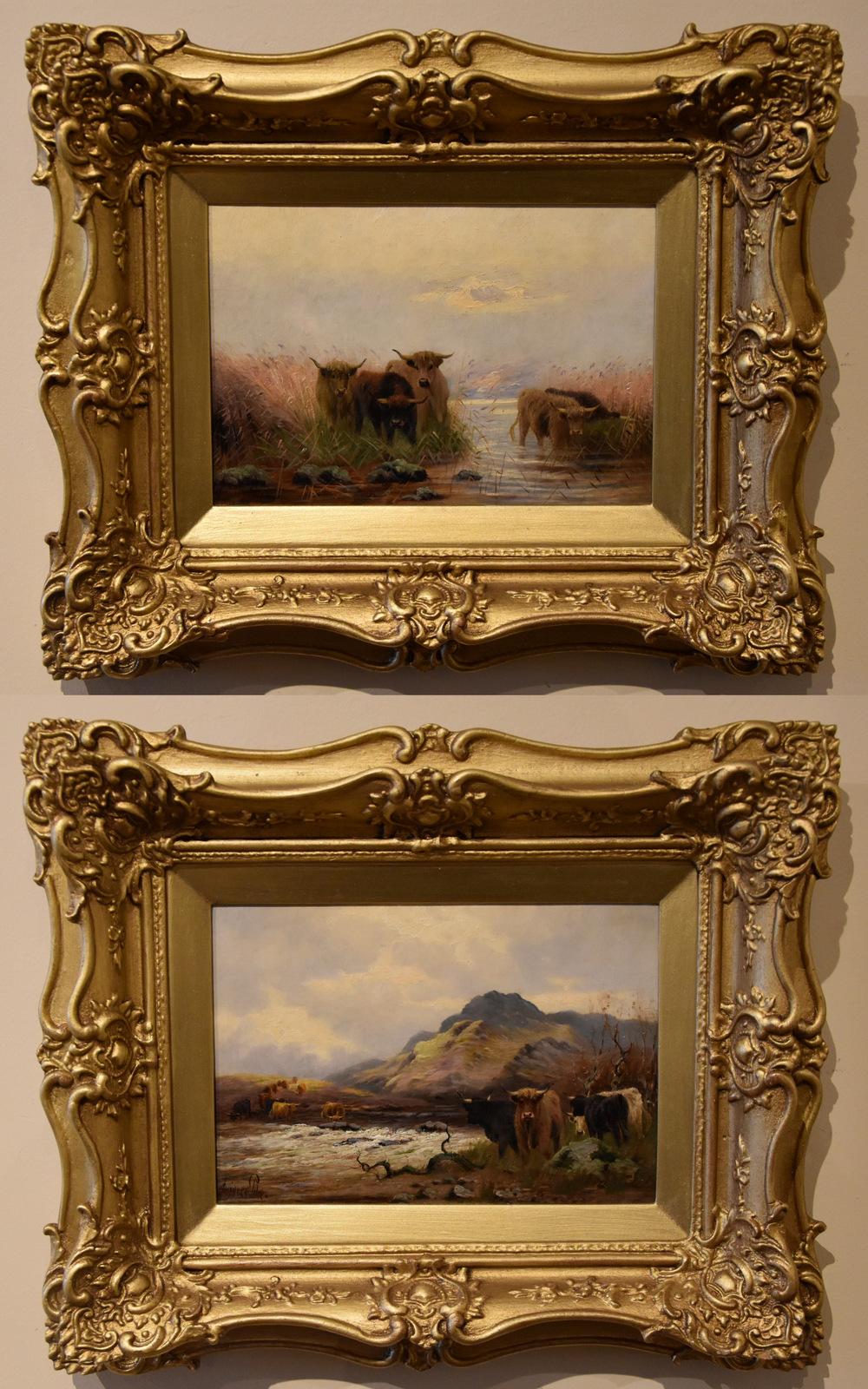 Coppia di dipinti a olio di Sidney Pike "Eventide" e "In the Highlands".  1858 - 1923 Pittore di paesaggi londinesi e uno dei primi illustratori di cartoline natalizie. Si stabilì a Hastings, rappresentata in molti musei. Olio su tela. Firmato e