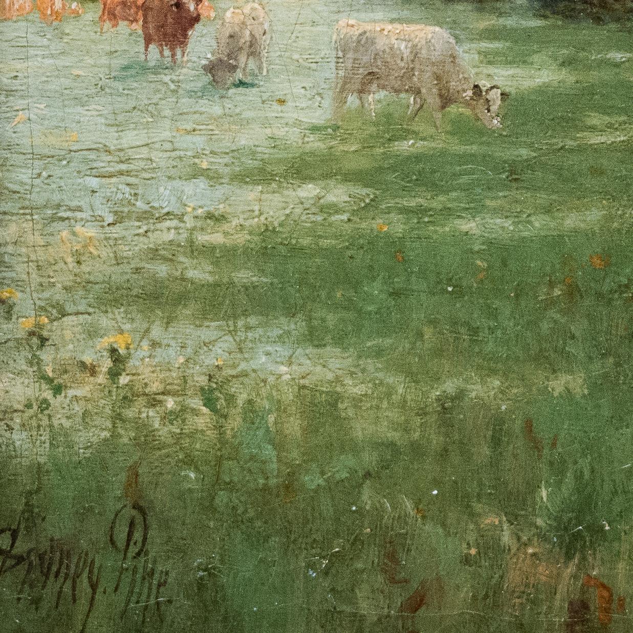 A wonderful painting by British artist Sidney Pike (1846-1907).
Pike is best known for his depictions of the English countryside, and he attended many times at the Royal Academy Exhibitions.  


Title: Summer Landscape With Cattle

info:
oil on