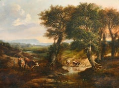 Fine Victorian English Oil Painting, Cattle in Tranquil Wooded Landscape & Pond