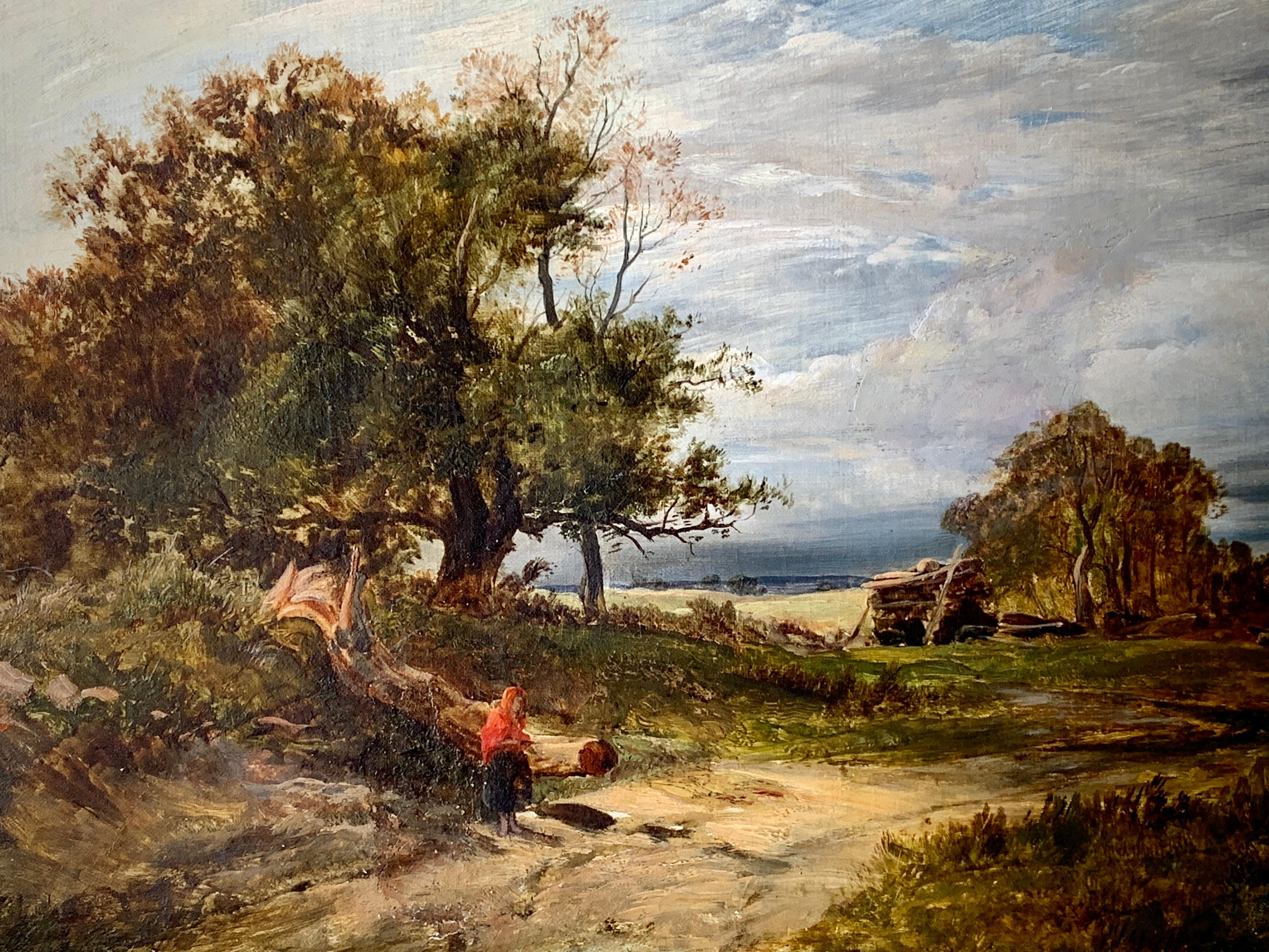 19th century English landscape with a figure on a pathway and stormy sky - Painting by Sidney Richard Percy