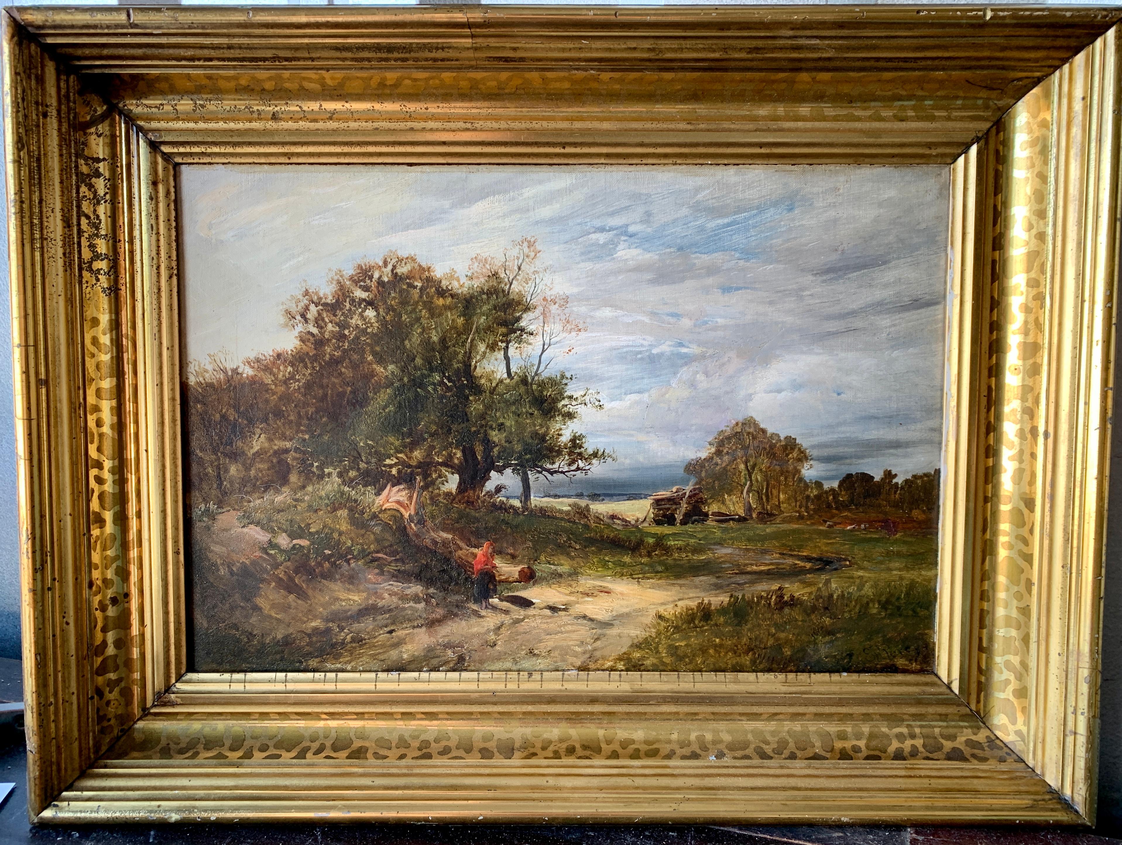 Landscape Painting Sidney Richard Percy - Paysage anglais du 19e siècle avec un personnage sur un chemin et un ciel d'orage