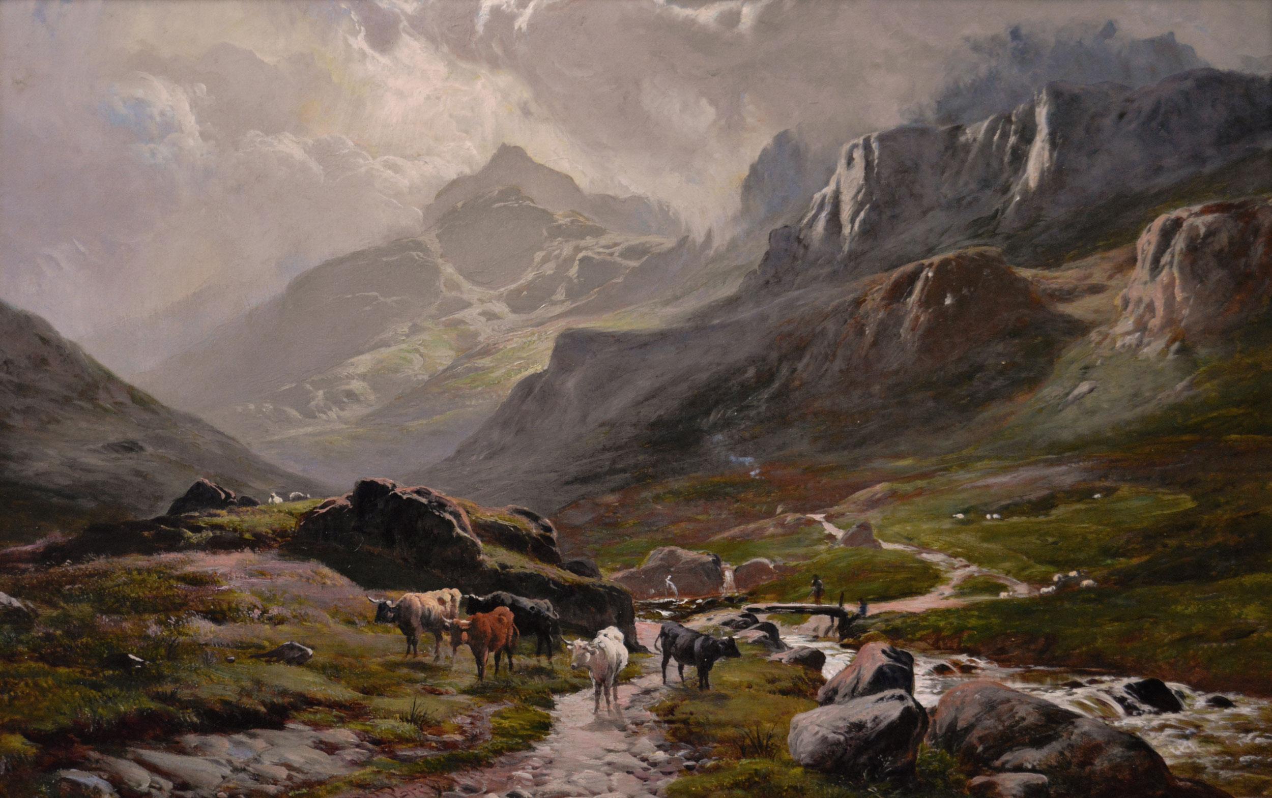 19th Century landscape oil painting of Cattle at Grizedale in the Lake District - Painting by Sidney Richard Percy