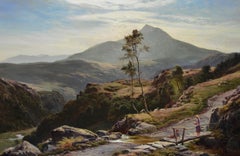 Pintura al óleo del paisaje montañoso galés del siglo XIX de Moel Siabod