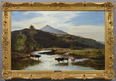 19. Jahrhundert Walisische Berg-Flusslandschaft Ölgemälde in der Nähe von Bontddu