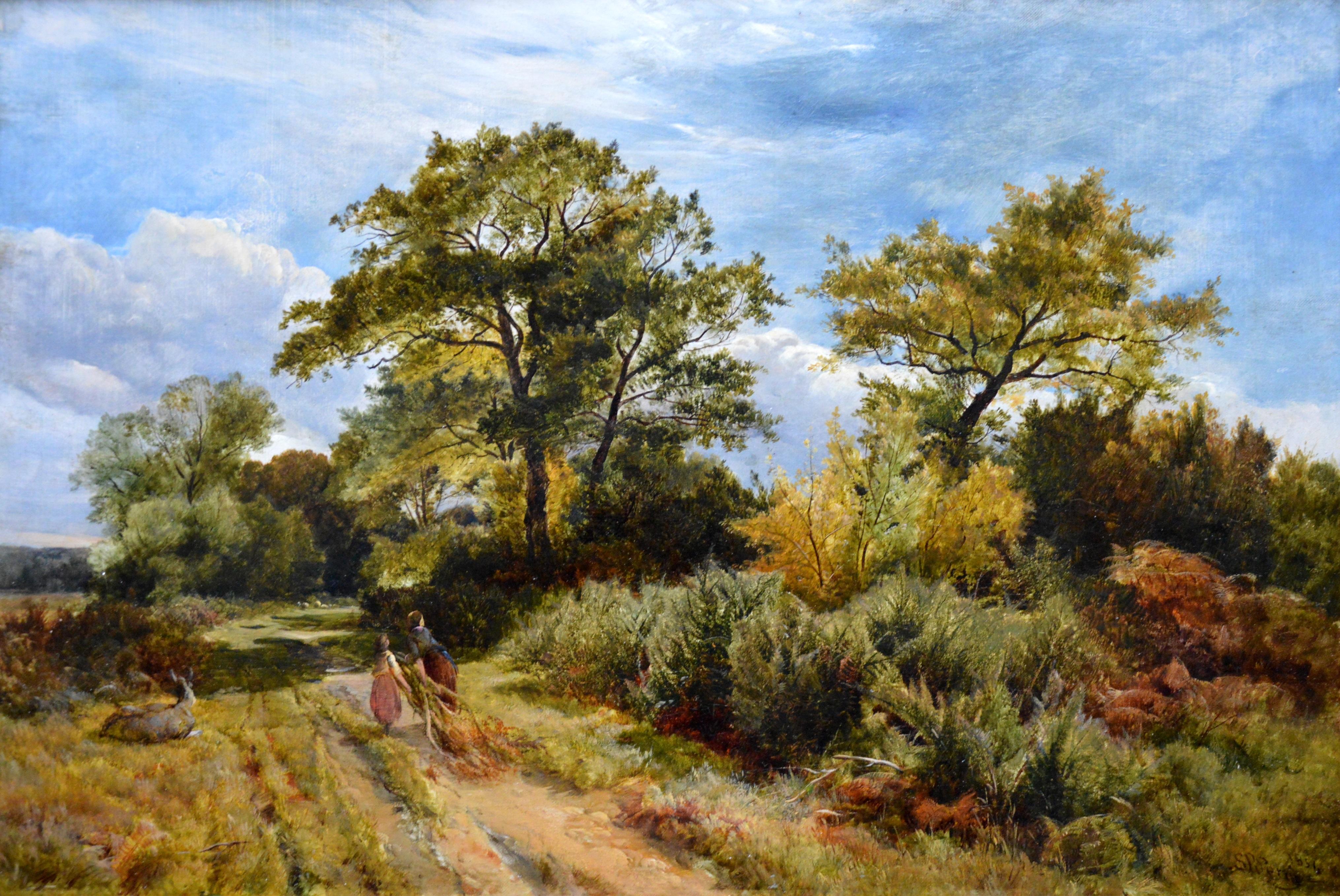 This is a fine mid-19th century oil on canvas depicting a mother and daughter on a summer afternoon gathering gorse (or furze as it is also known) for kindling with a donkey resting nearby by the eminent British landscape painter Sidney Richard