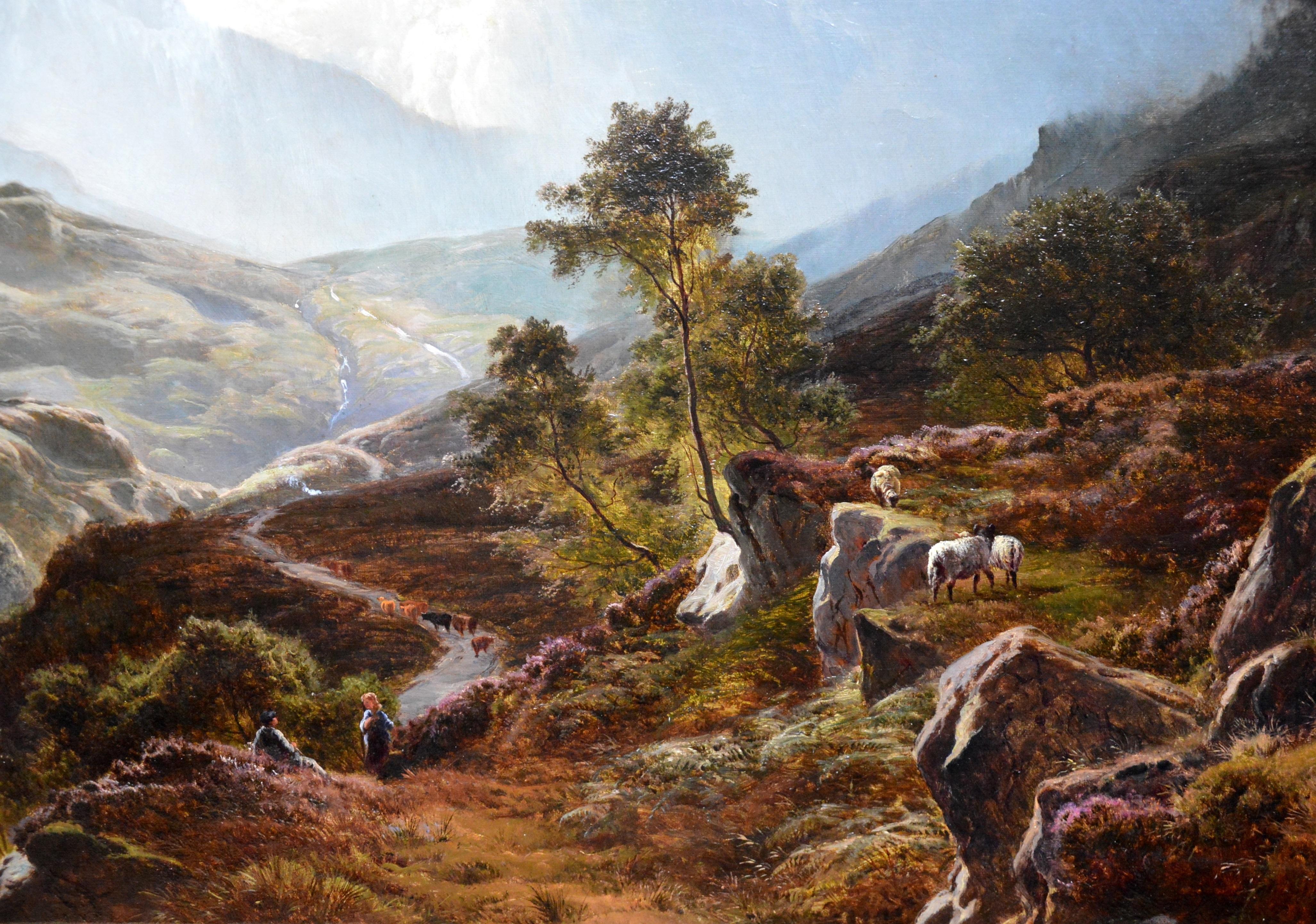 This is a large fine 19th century oil on canvas depicting the meeting of a young shepherdess and a cattle herder before a breath-taking Scottish Highland landscape in ‘Glen Coe, Argyllshire’ by the important British painter Sidney Richard Percy