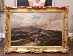 Grande peinture à l'huile du 19e siècle représentant un paysage de montagne du Moel Siabod Snowdonia