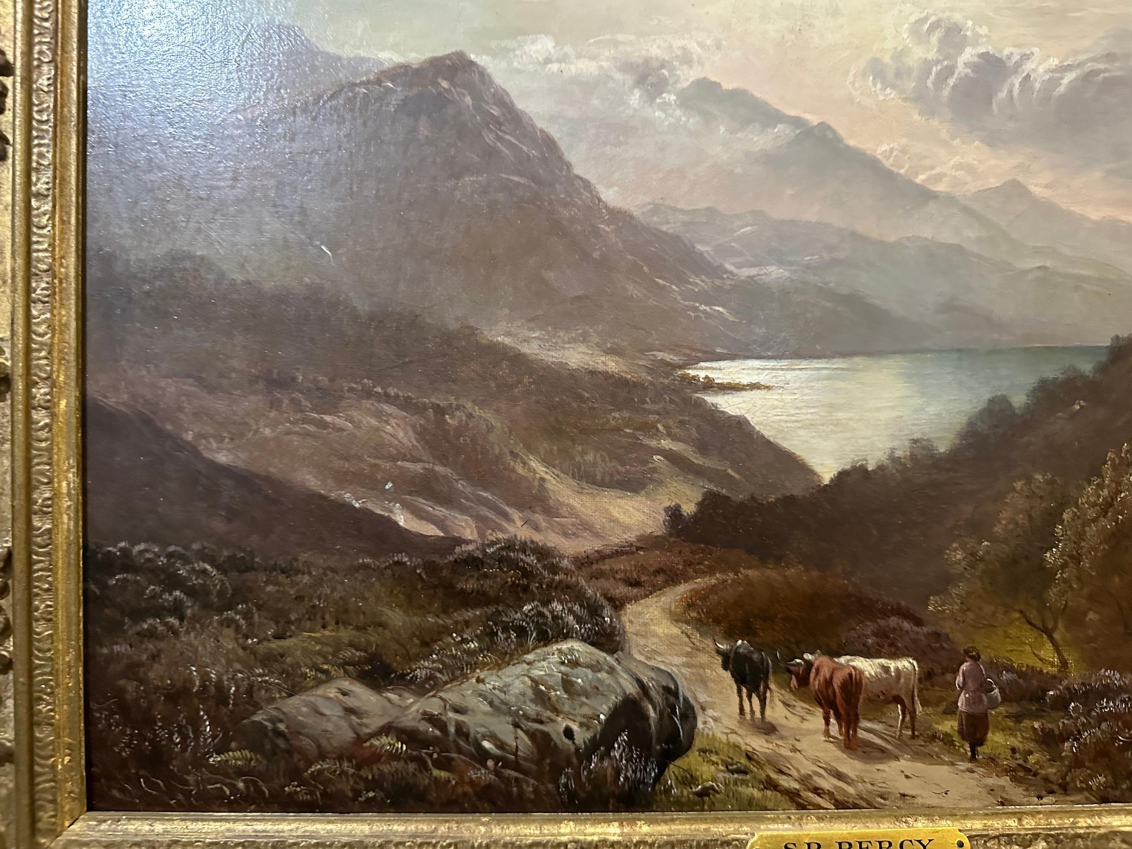 Paysage écossais des Highlands du 19e siècle, avec un personnage et du bétail sur un chemin  - Painting de Sidney Richard Percy