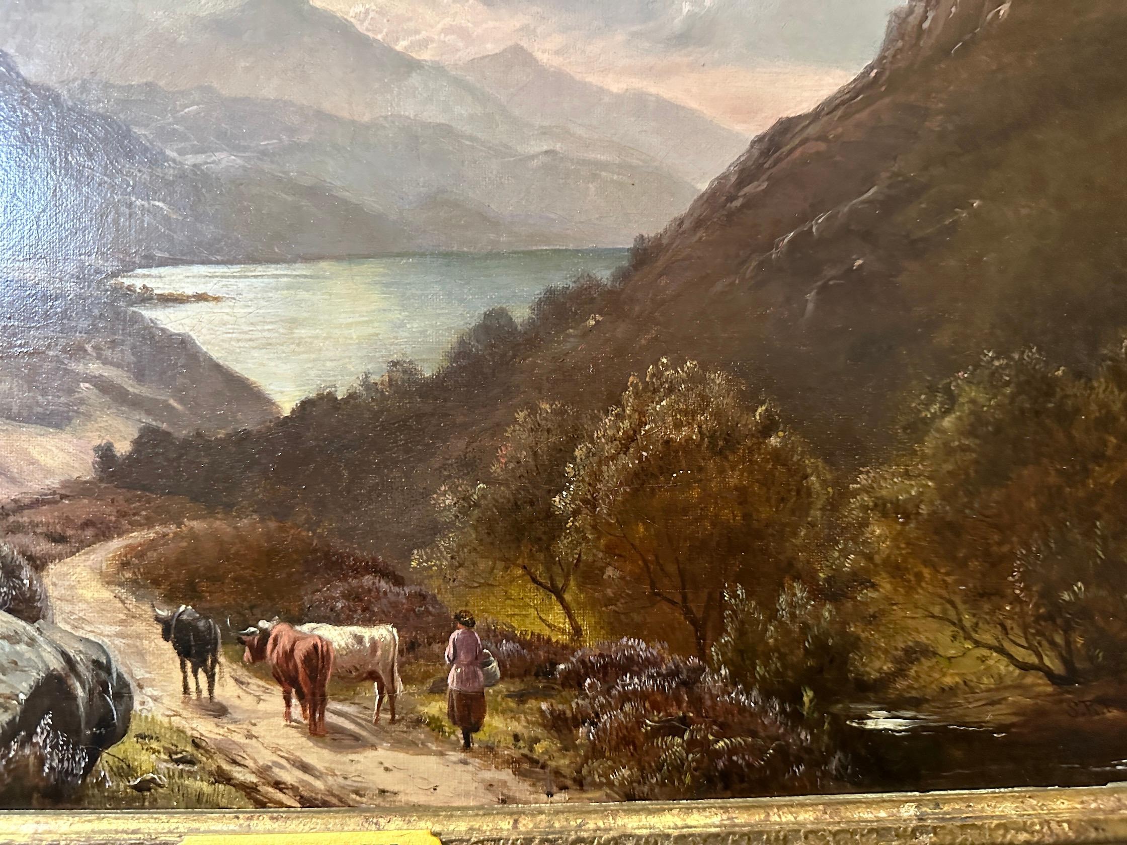 Paesaggio scozzese delle Highlands del XIX secolo, con una figura e del bestiame su un sentiero - Painting Vittoriano di Sidney Richard Percy