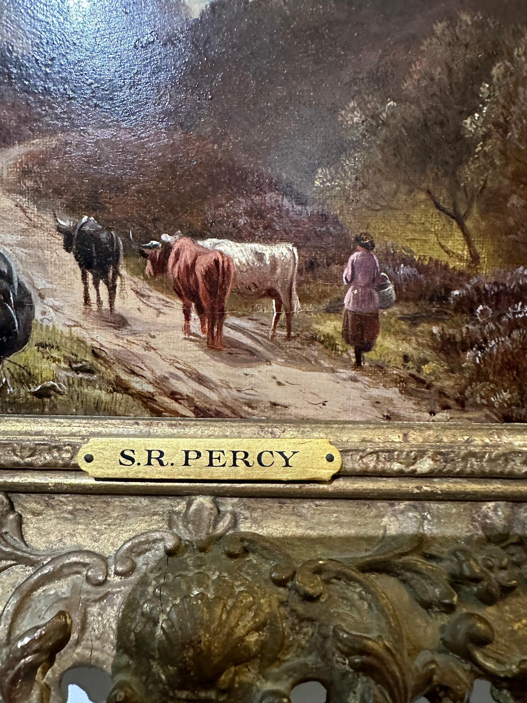 Merveilleux paysage écossais des Highlands du XIXe siècle, avec un personnage et du bétail sur un sentier surplombant un Loch

Cette œuvre est signée en bas à droite et est encadrée dans un cadre en feuille d'or vintage.

Percy était un peintre