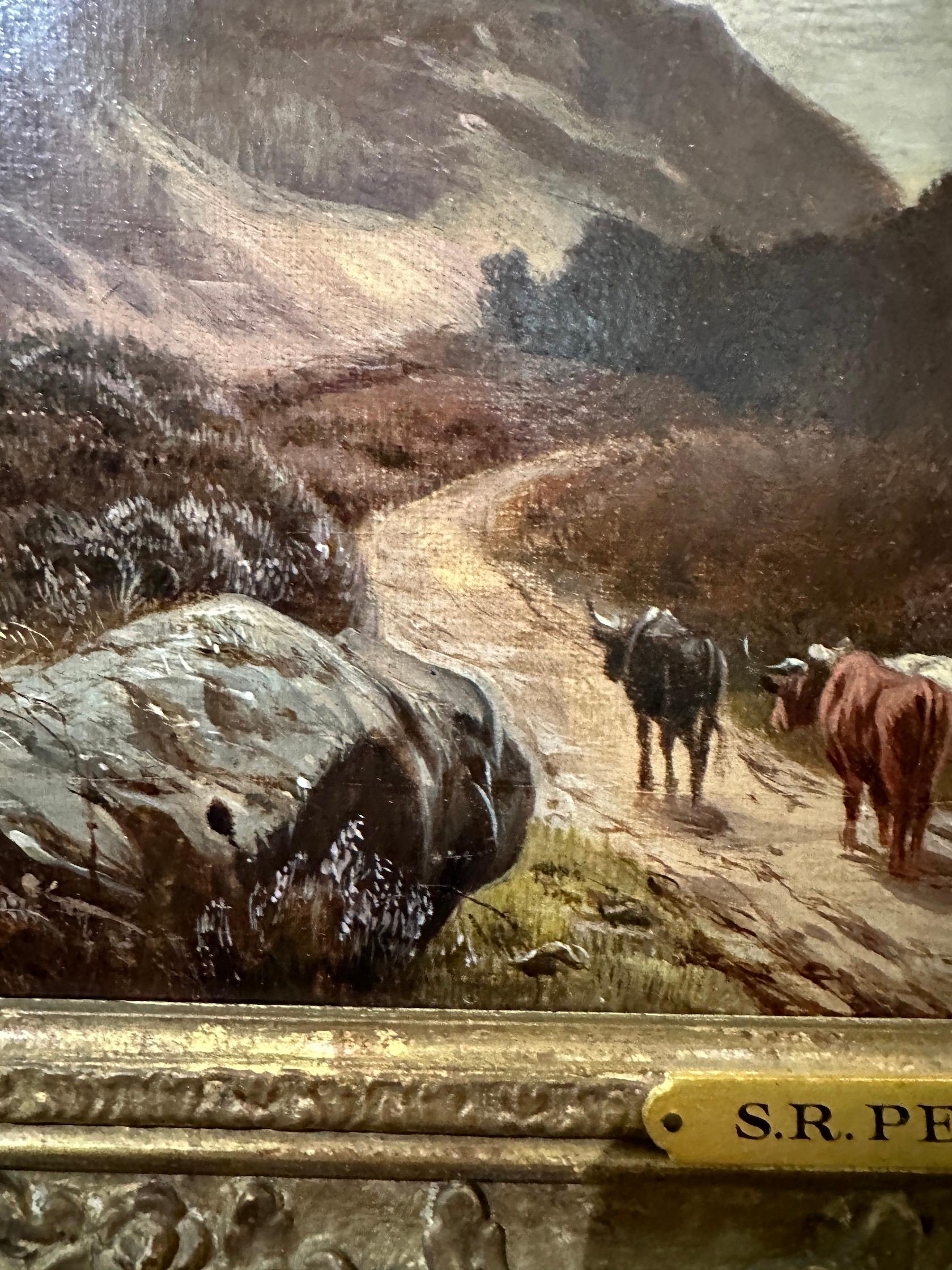 Paysage écossais des Highlands du 19e siècle, avec un personnage et du bétail sur un chemin  en vente 1