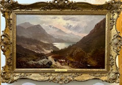 Antique Scottish 19th century Highland landscape, with a figure and cattle on a pathway 