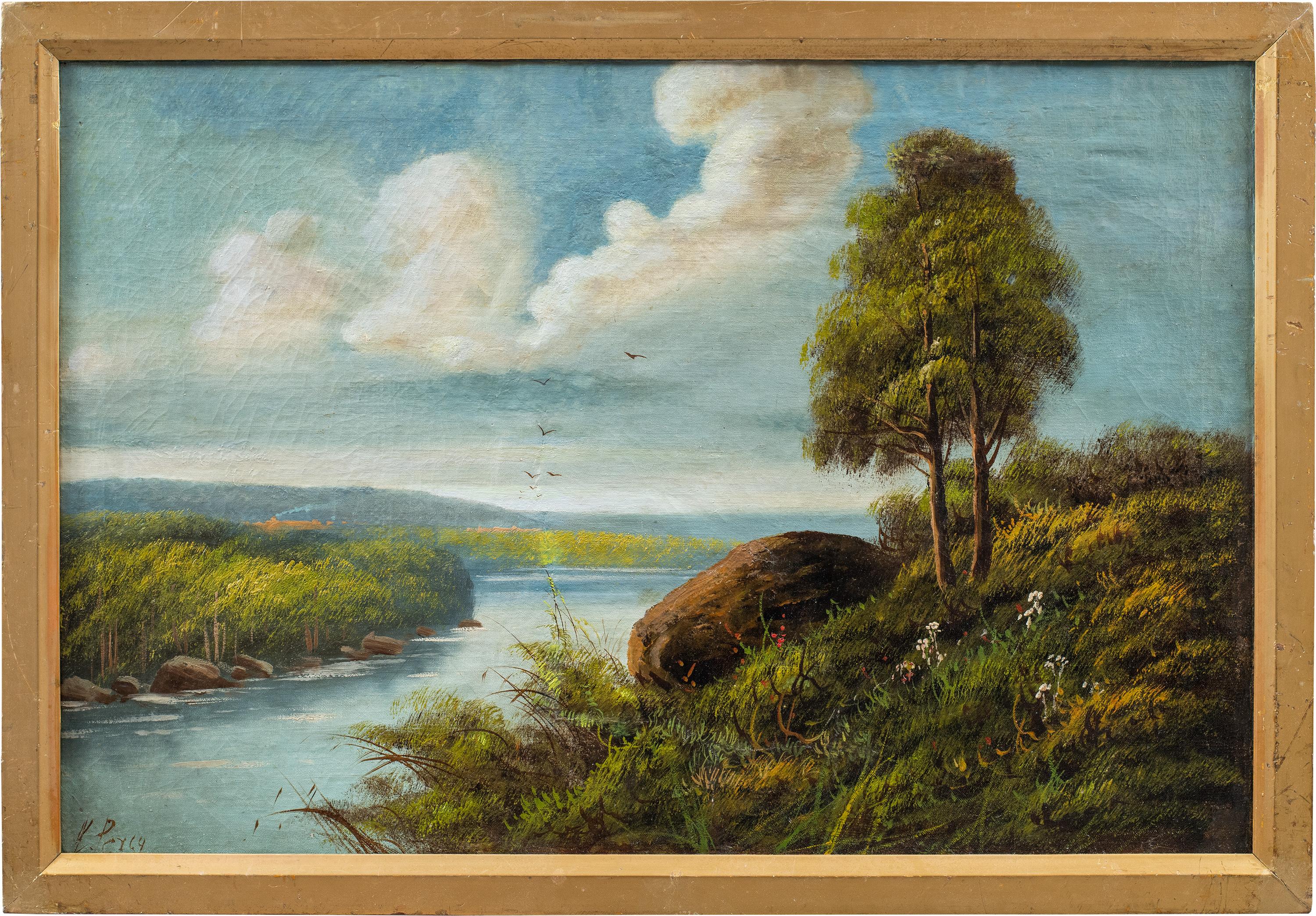 Sidney Richard Percy (British, 1822 - 1886) - River landscape with swallows in flight.

51.5 x 76.5 cm without frame, 57.5 x 82.5 cm with frame.

Antique oil painting on canvas, in a gilded wooden frame.

- Work signed lower left: