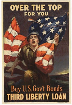 Litografia originale Over the Top for You Third Liberty Loan vintage della prima guerra mondiale