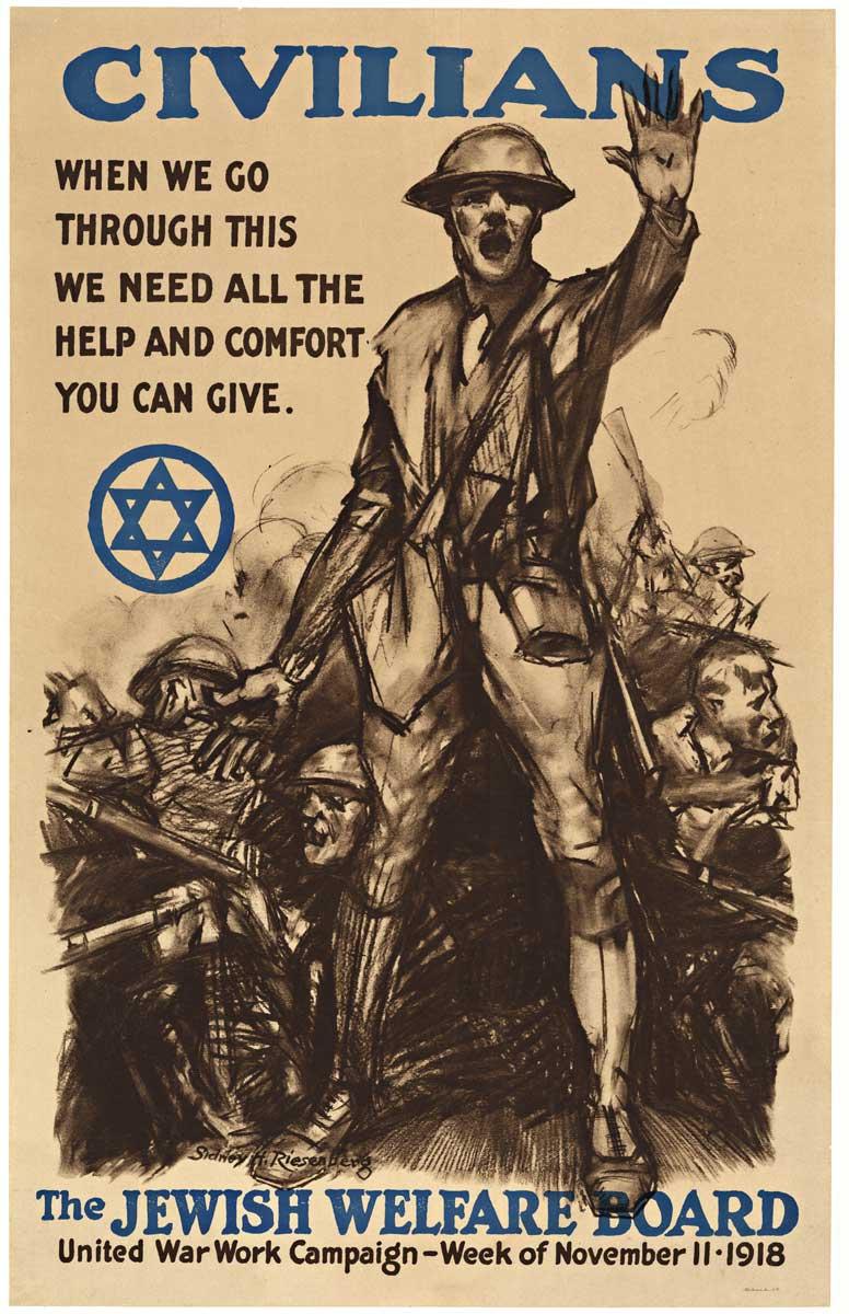 Figurative Print Sidney Riesenberg - Affiche vintage originale de la Première Guerre mondiale, The Jewish Welfare Board, 1918, affiche ancienne